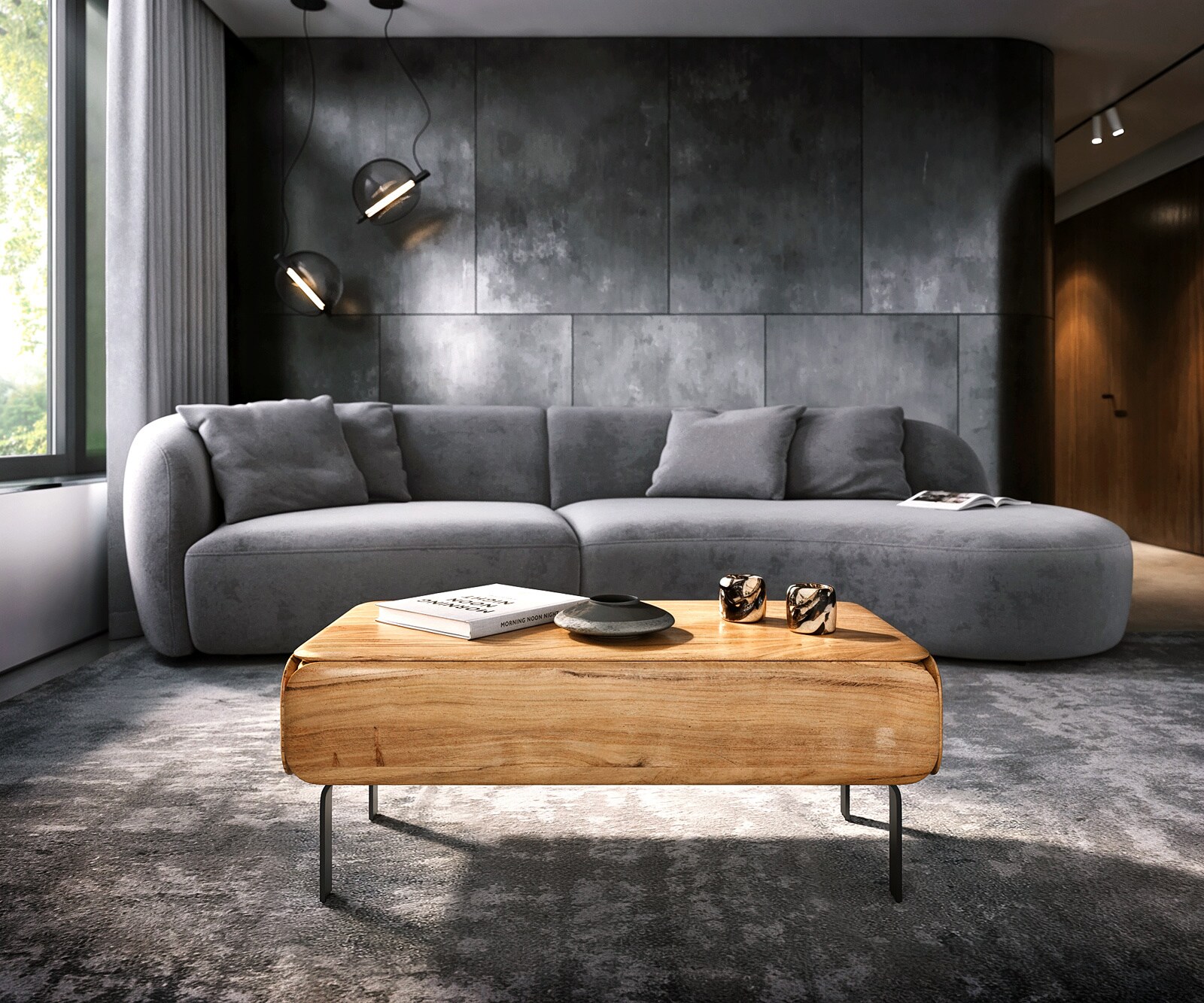 Table-basse Shavani 100 x 50 cm, acacia naturel, 1 tiroir, pieds en L, métal noir 1