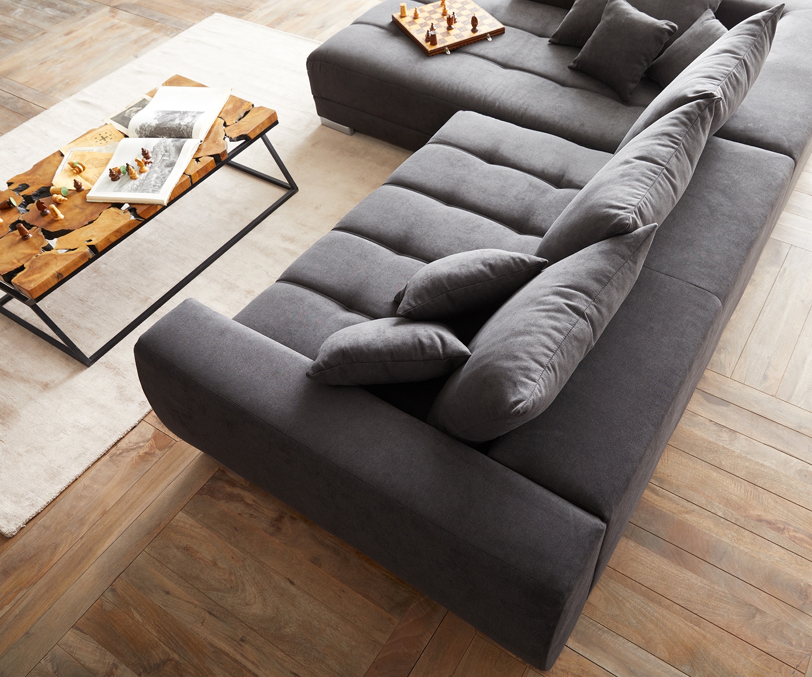 Canapé-panoramique Nabor 300x230 cm microfibre noir pouf à gauche incl. fonction d'extension électrique 5 Canapé-panoramique Nabor 300x230 cm microfibre noir pouf à gauche incl. fonction d'extension électrique 5