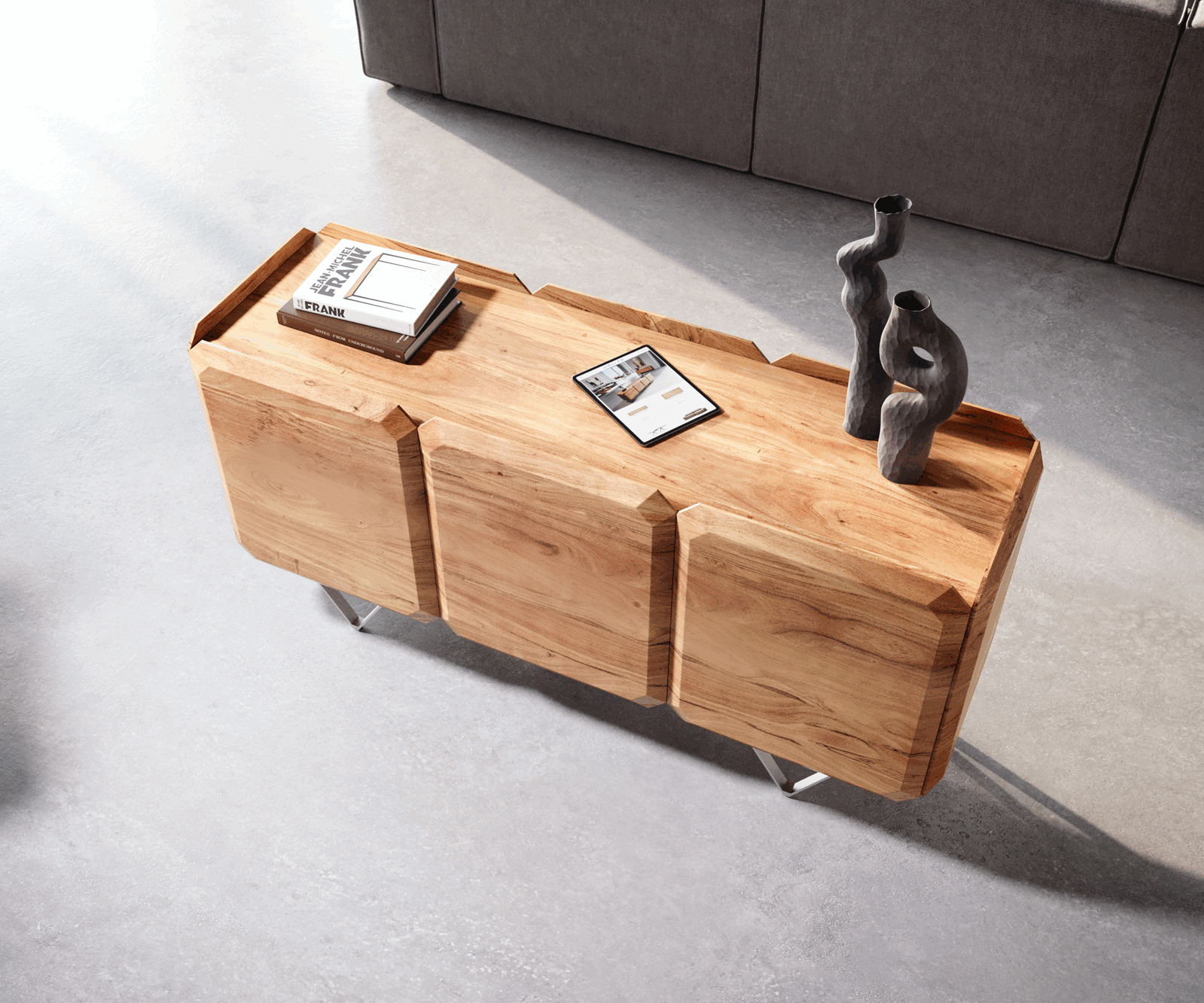 Buffet Kiano 145 cm Acacia Nature 3 Portes Pied en V Acier inoxydable Séparateur de pièce 3