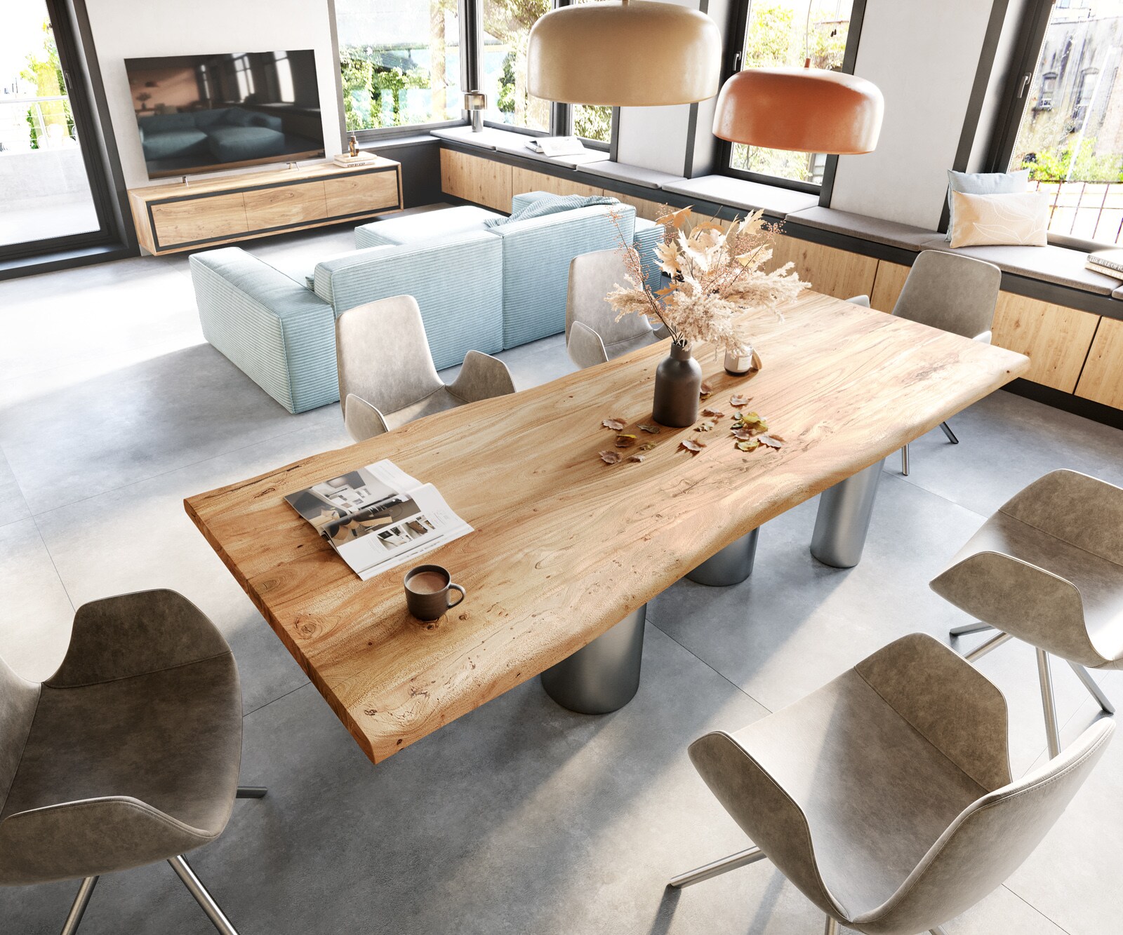 Table à manger Edge 280x100 XL Acacia Nature Pilier Acier inoxydable brossé Live-Edge 3