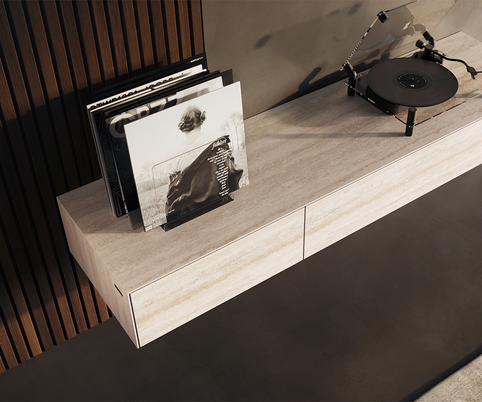 Meuble-TV Cuor 150 cm Céramique Laminam® Travertino Bianco Crème-blanc 1 Clapet 1 Tiroir Flottant 3