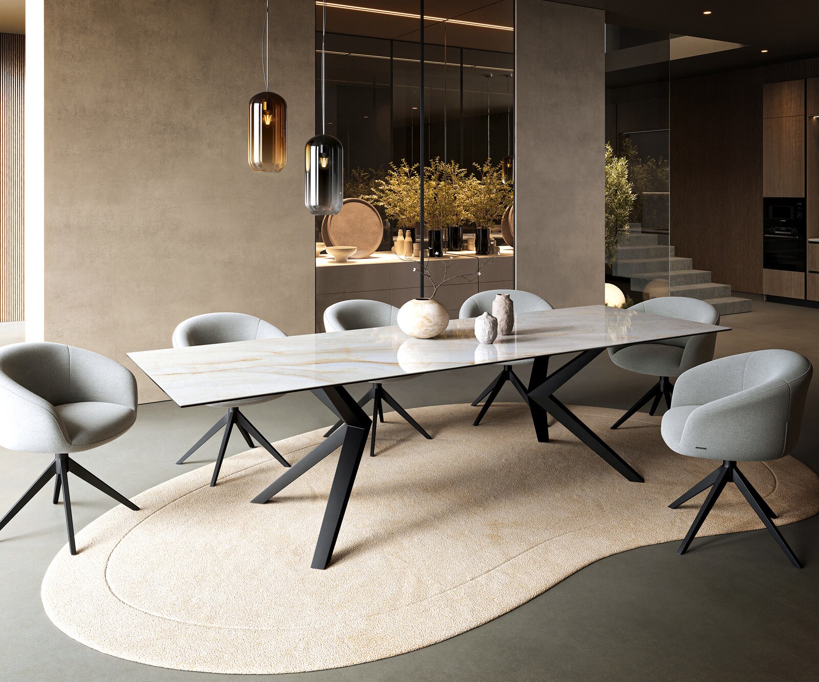 Table à manger Edge 300x100 cm céramique Onyx Pearl Zenthara angulaire métal noir 7