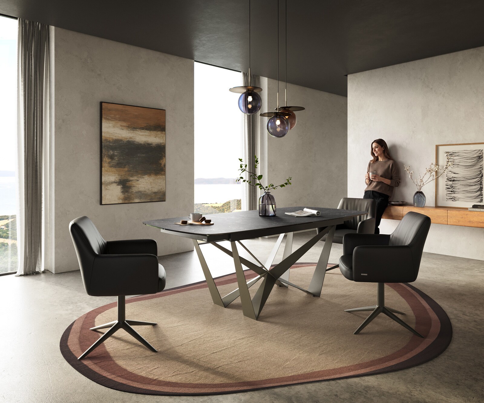 Table à manger Edge Boot 180-220x100 cm Céramique Laminam® Nero Greco Anthracite Spider Métal Finition effet Titan extensible 6