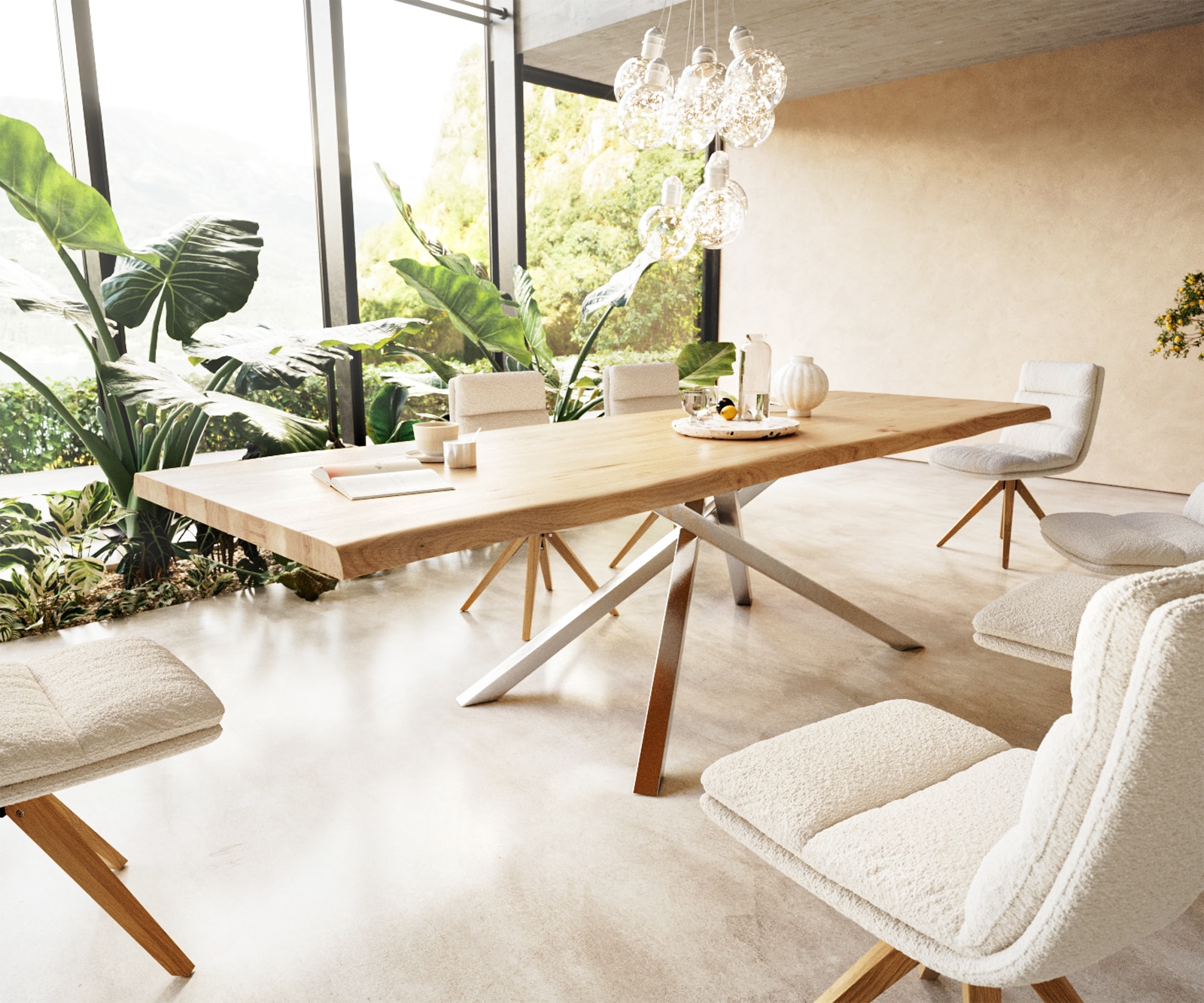 Table à manger Edge 300x100 chêne nature cadre croisé rectangle acier inoxydable Live-Edge Table à manger Edge 300x100 chêne nature cadre croisé rectangle acier inoxydable Live-Edge