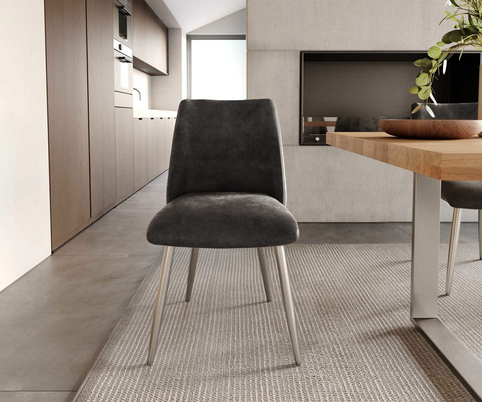 Chaise-de-salle-à-manger Elso-Flex microvelours anthracite vintage 4 pieds coniques acier inoxydable brossé ressorts ensachés 1 Chaise-de-salle-à-manger Elso-Flex microvelours anthracite vintage 4 pieds coniques acier inoxydable brossé ressorts ensachés 1