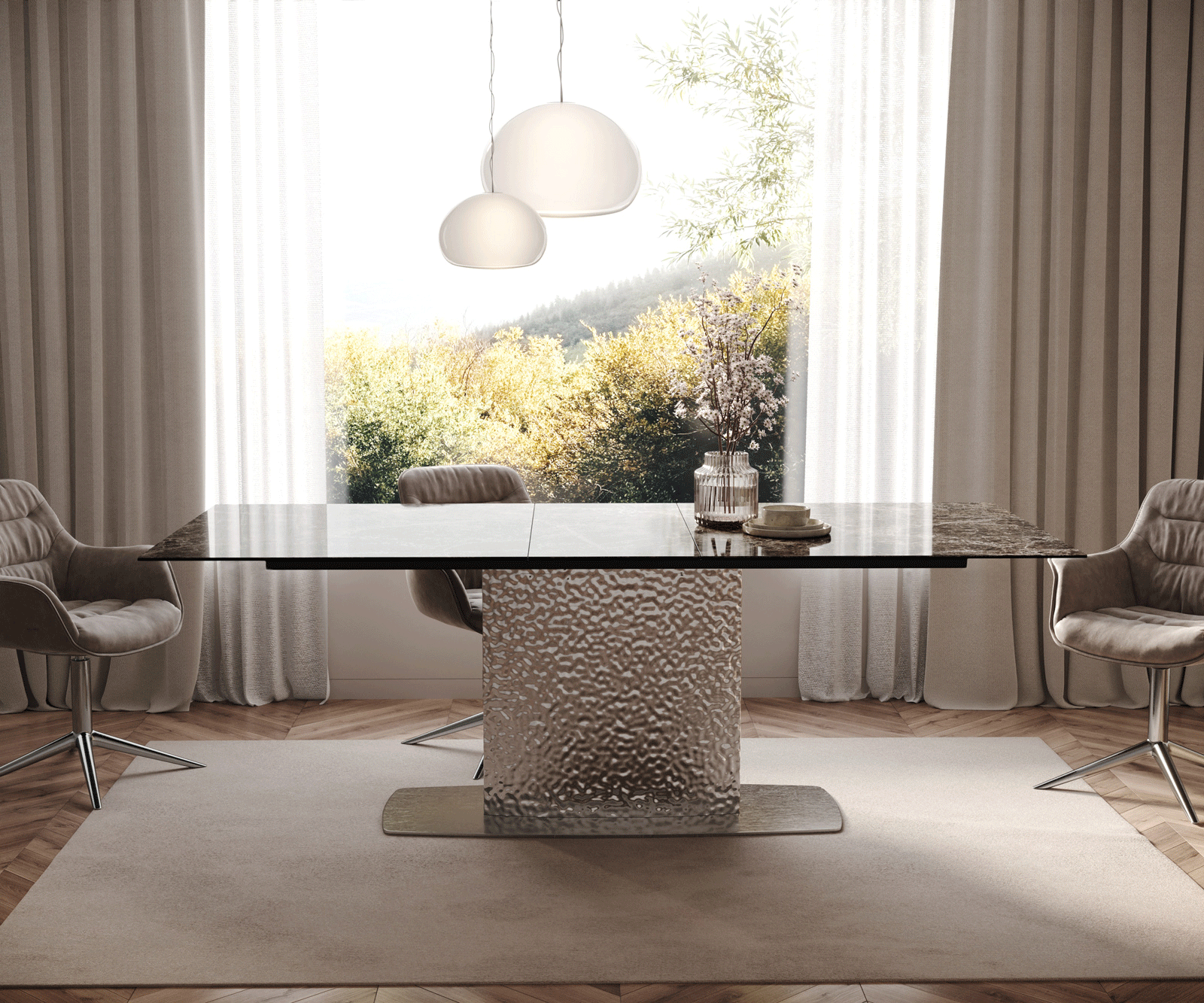 Table de salle à manger Edge Céramique Emperador Extra Lucidato Brun foncé 180-220x100 Wave Acier inoxydable extensible 2