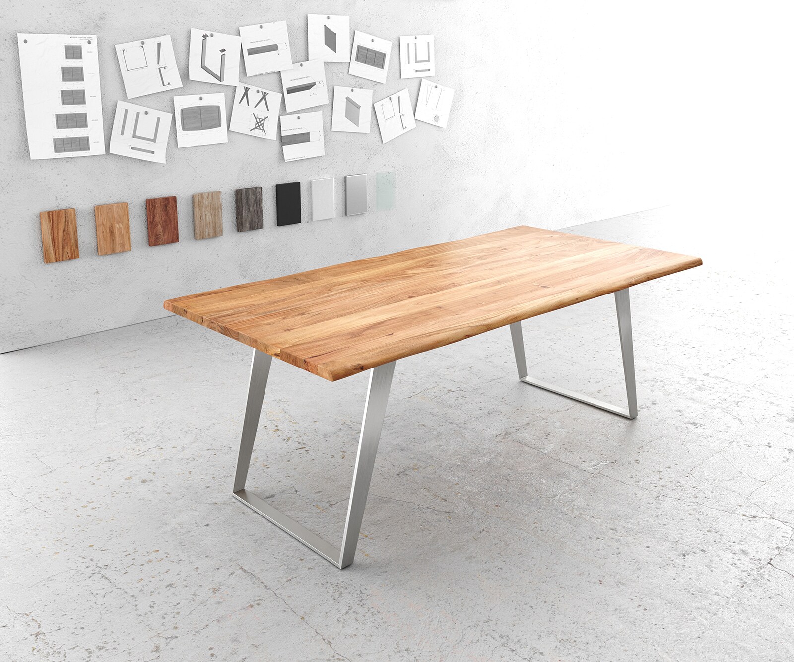 Table-à-manger Edge 200x100cm acacia nature acier inoxydable argent incliné Live-Edge 1
