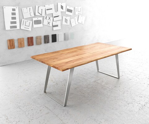 Table-à-manger Edge 200x100cm acacia nature acier inoxydable argent incliné Live-Edge