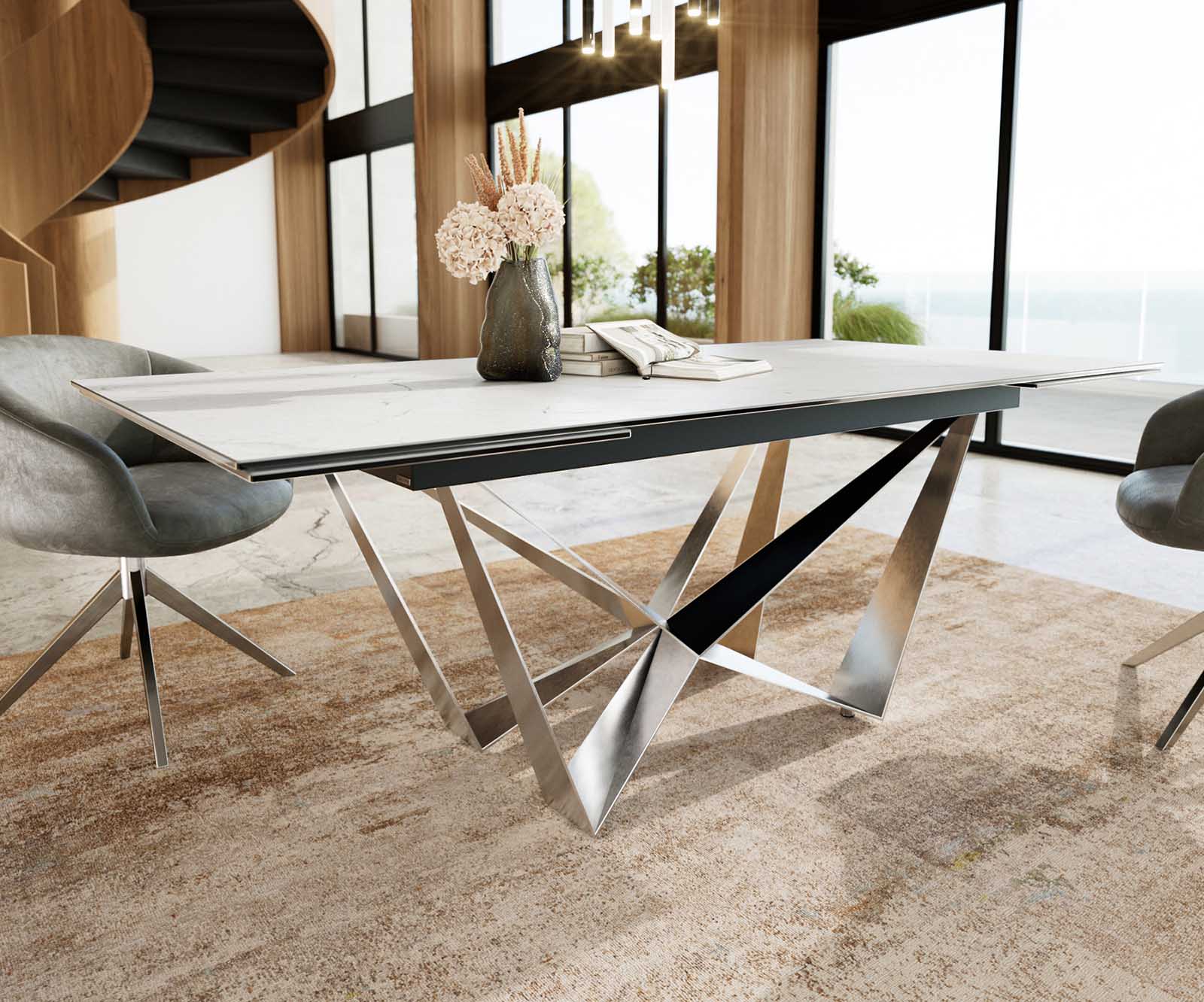 Table à manger Edge 200-300x100 céramique Laminam®Statuarietto blanc Spider acier plat acier inoxydable extensible 6