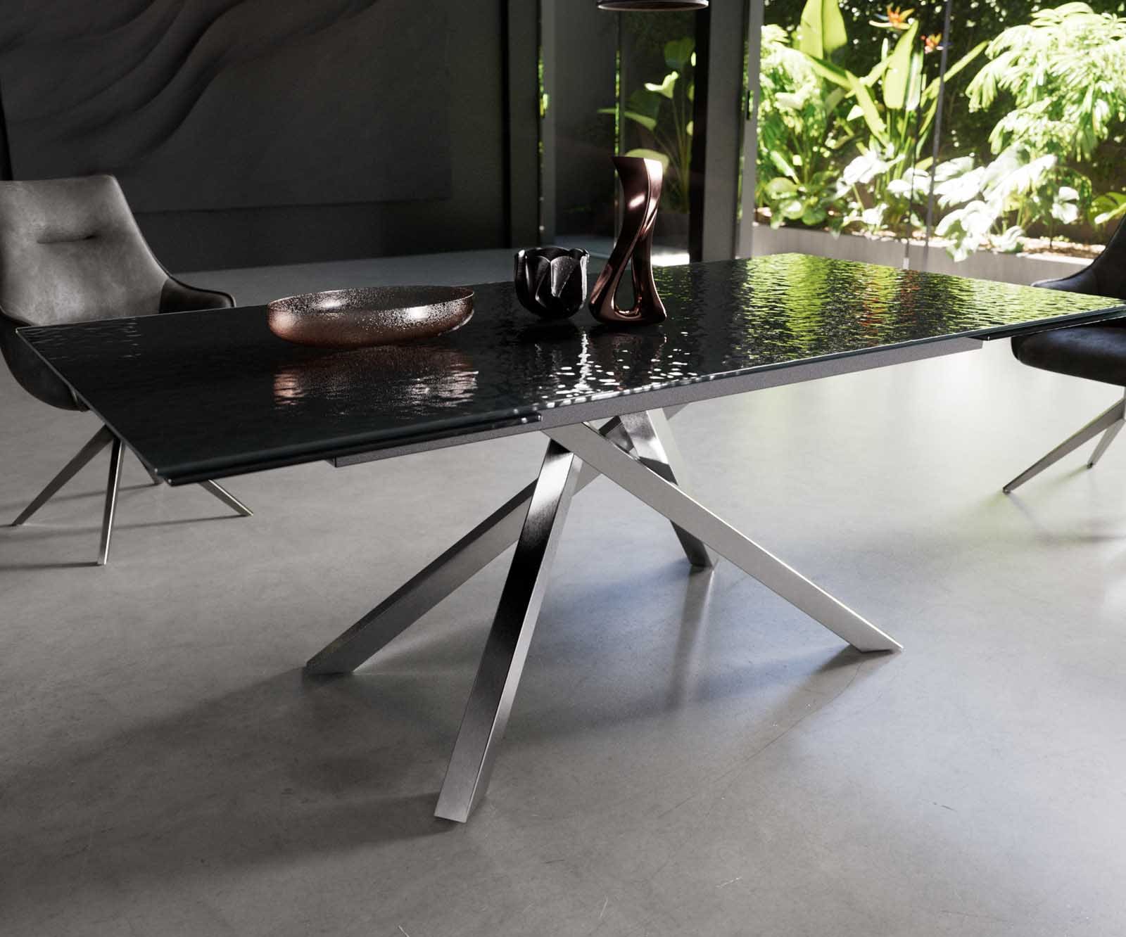 Table à manger Edge 200-300x100 verre fondu noir fumé relief en 3D cadre croisé rectangulaire acier inoxydable extensible 4 Table à manger Edge 200-300x100 verre fondu noir fumé relief en 3D cadre croisé rectangulaire acier inoxydable extensible 4