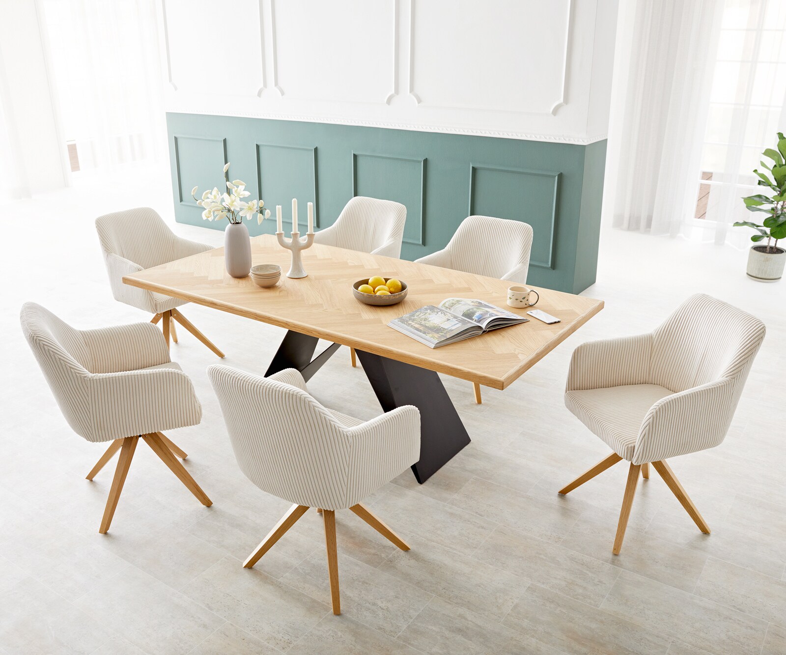 Chaise-de-salle-à-manger Greg-Flex côtelé beige vintage pied en bois angulaire naturel ressorts ensachés 3