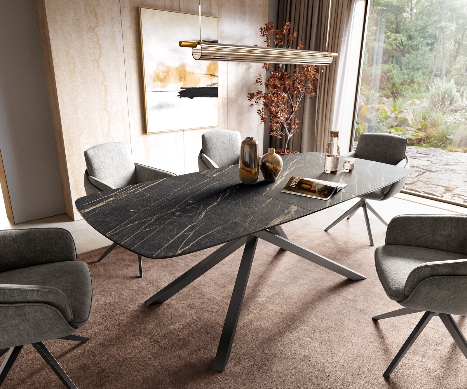 Table à manger Edge Boot 180-220x100 cm Laminam® Céramique Noir Desir Braun piètement en croix Rectangle Acier inoxydable Graphite extensible 1