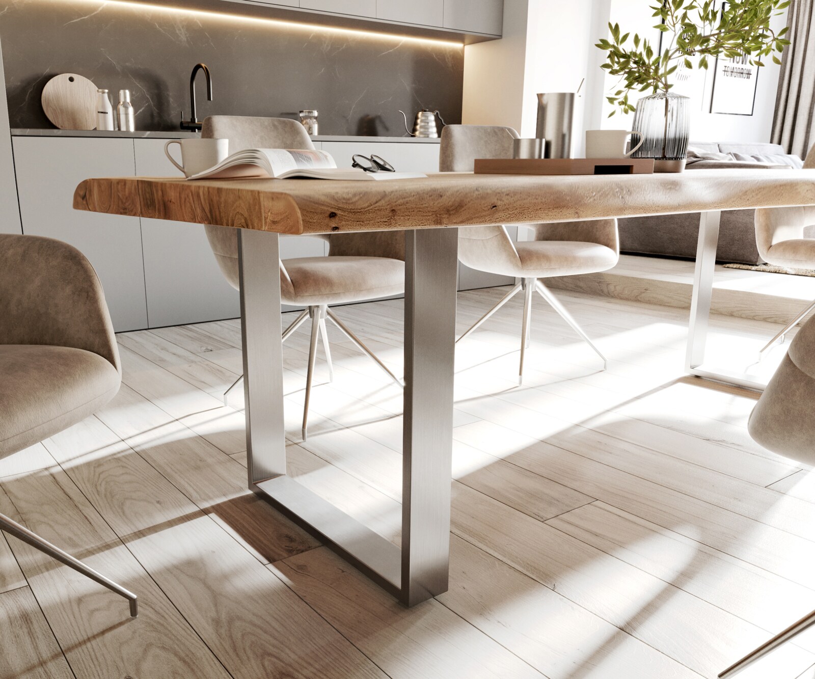 Table-à-manger Edge 280x100cm XL acacia nature acier inoxydable mince Live-Edge 4