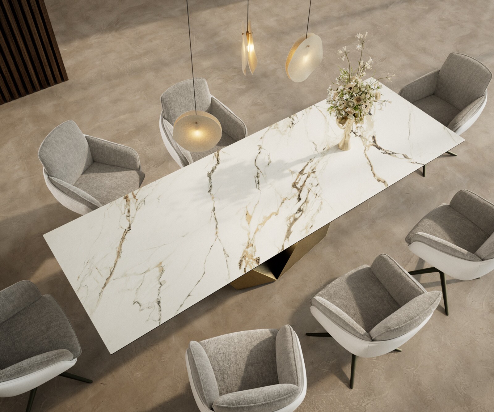 Table à manger Edge 300x100 céramique Calacatta Luxe blanc-doré-gris Prisma métallique doré 3