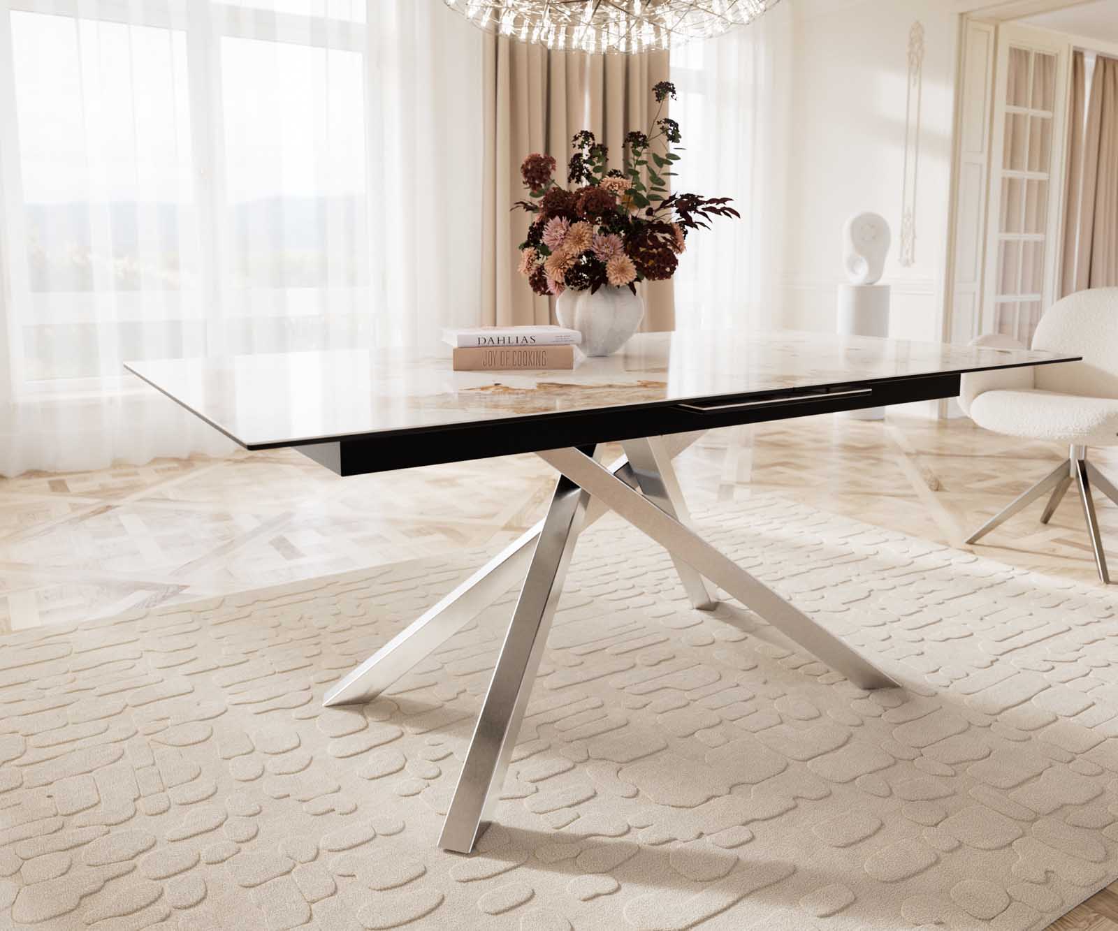 Table à manger Edge 180-220x100 céramique Minas mélange blanc-beige cadre croisé rectangulaire acier inoxydable extensible 5
