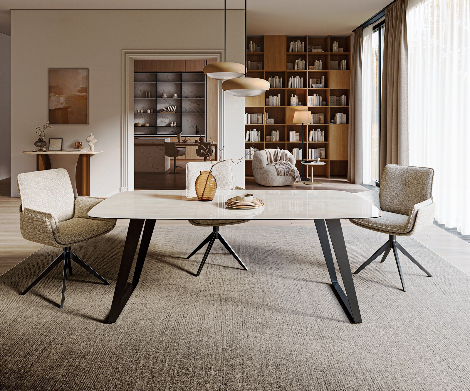 Table à manger Edge bateau 200x100 cm céramique Onyx Champagne piètement incliné métal noir 2