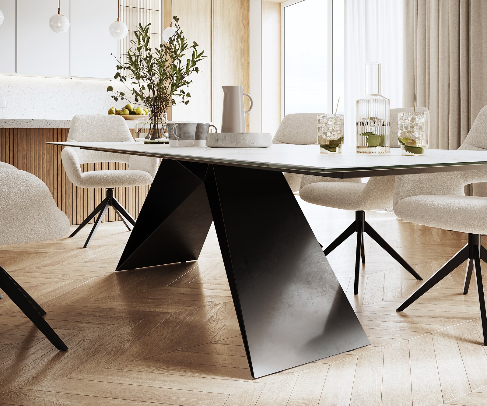 Table-à-manger Edge 300x100cm Laminam® céramique blanc V-pieds milieu noir 5