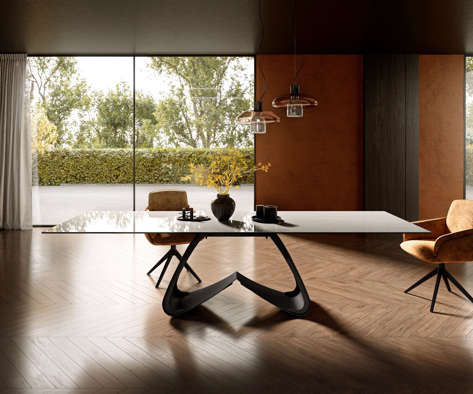 Table à manger Edge 300x100 cm céramique Onyx Champagne piètement en W métal noir 1