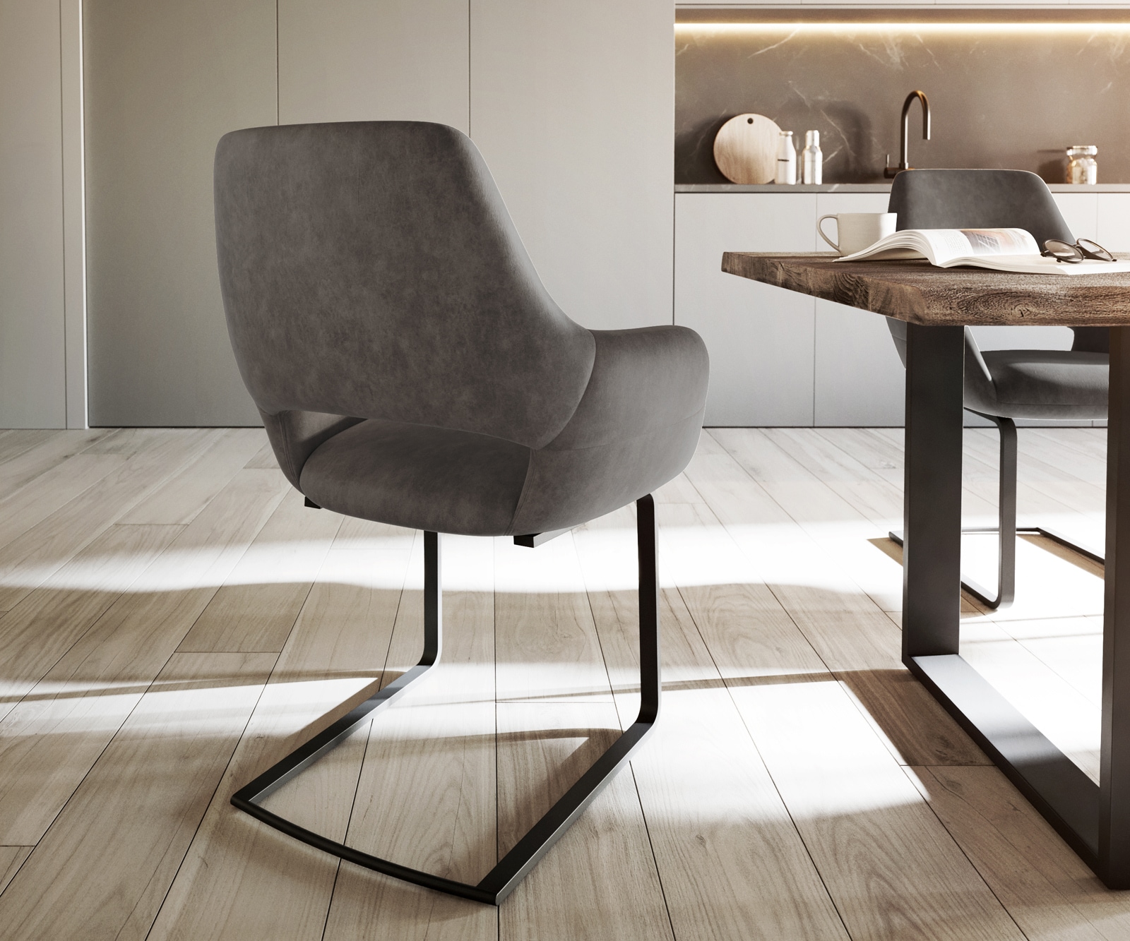 Cantilever Yago-Flex avec accoudoirs microvelours anthracite vintage pied cantilever plat noir ressorts ensachés 4 Cantilever Yago-Flex avec accoudoirs microvelours anthracite vintage pied cantilever plat noir ressorts ensachés 4