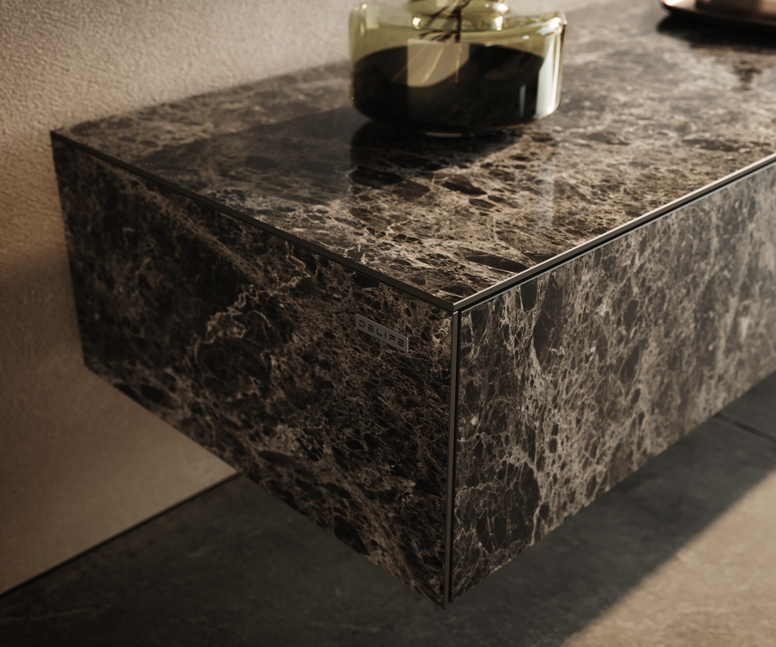 Meuble-TV Cuor 200 cm Céramique Emperador Extra Lucidato brun foncé 1 Clapet 1 Tiroir Flottant 5