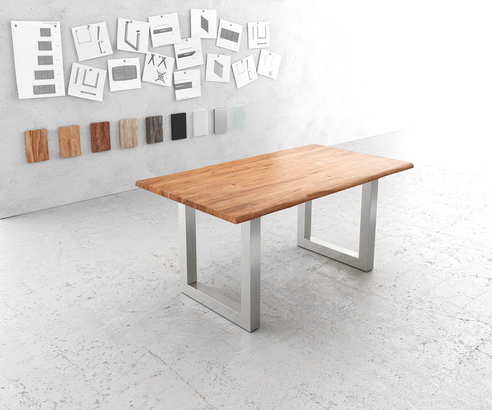 Table-à-manger Edge 160x90cm acacia nature acier inoxydable large Live-Edge 1