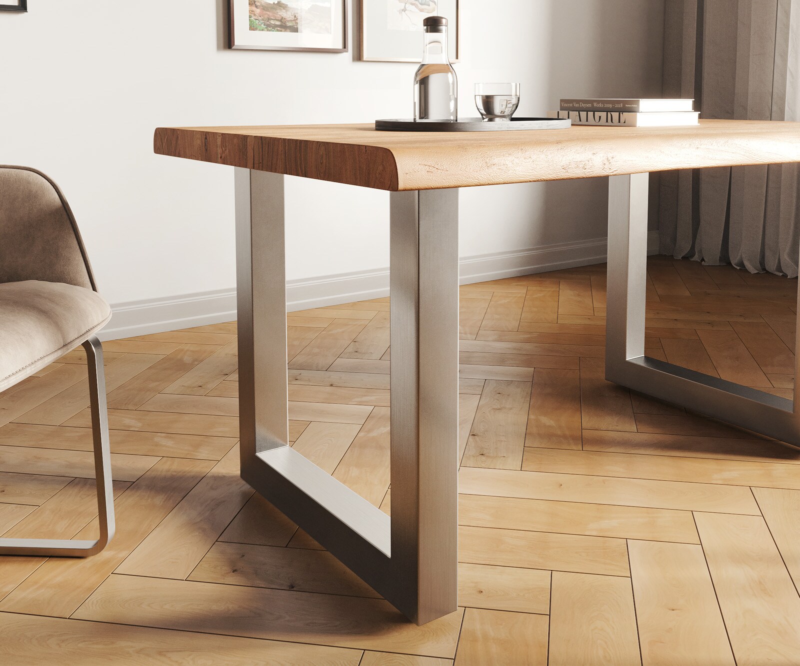 Table-à-manger Edge 140x90 XL acacia nature acier inoxydable large Live-Edge 4