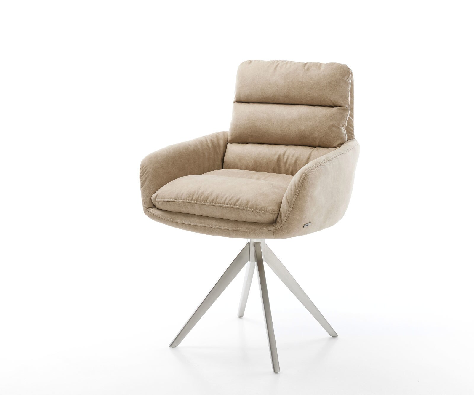 Chaise-de-salle-à-manger Abelia-Flex avec accoudoirs microvelours beige vintage pied croisé angulaire acier inoxydable brossé