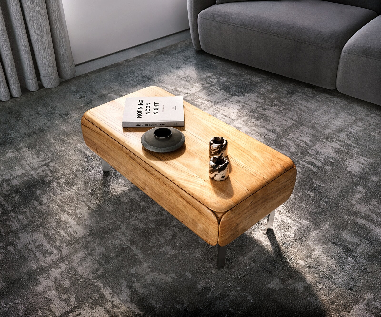 Table-basse Shavani 100x50 cm Acacia naturel 1 tiroir Pied en L Acier inoxydable argenté 4
