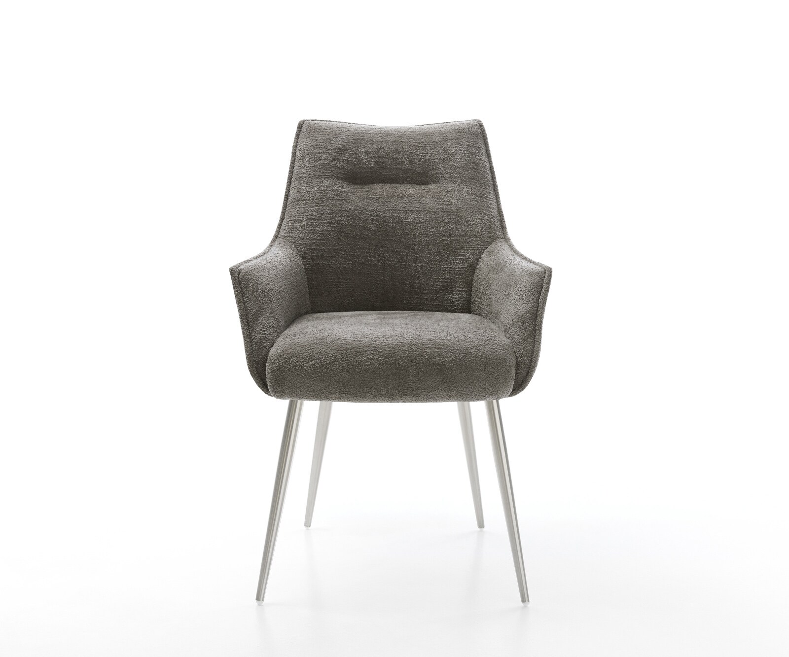 Chaise-de-salle-à-manger Alja-Flex avec accoudoirs bouclé doux couleur boue 4 pieds coniques acier inoxydable resorts ensachés 1