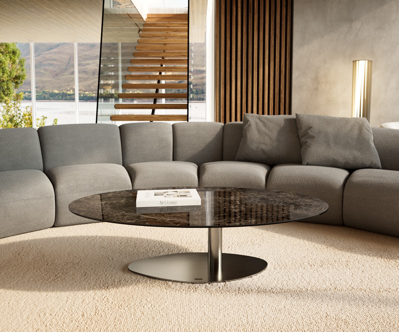 Table basse Edge Oval 140x80 cm céramique Laminam® Emperador Extra Lucidato brun foncé Vibany acier inoxydable brossé 2