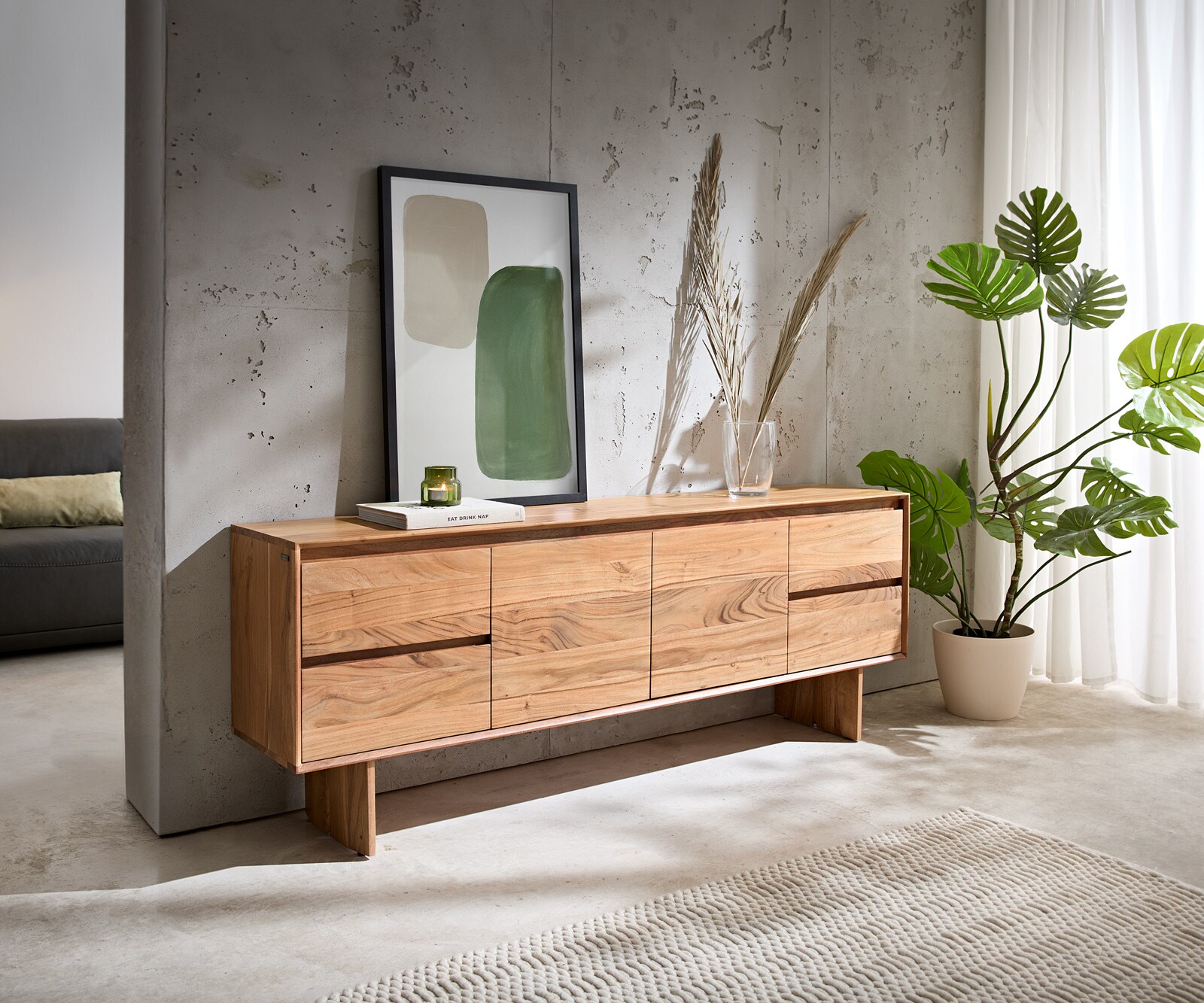 Meuble-TV Elandor 175 cm acacia naturel 2 portes 4 tiroirs pied en bois