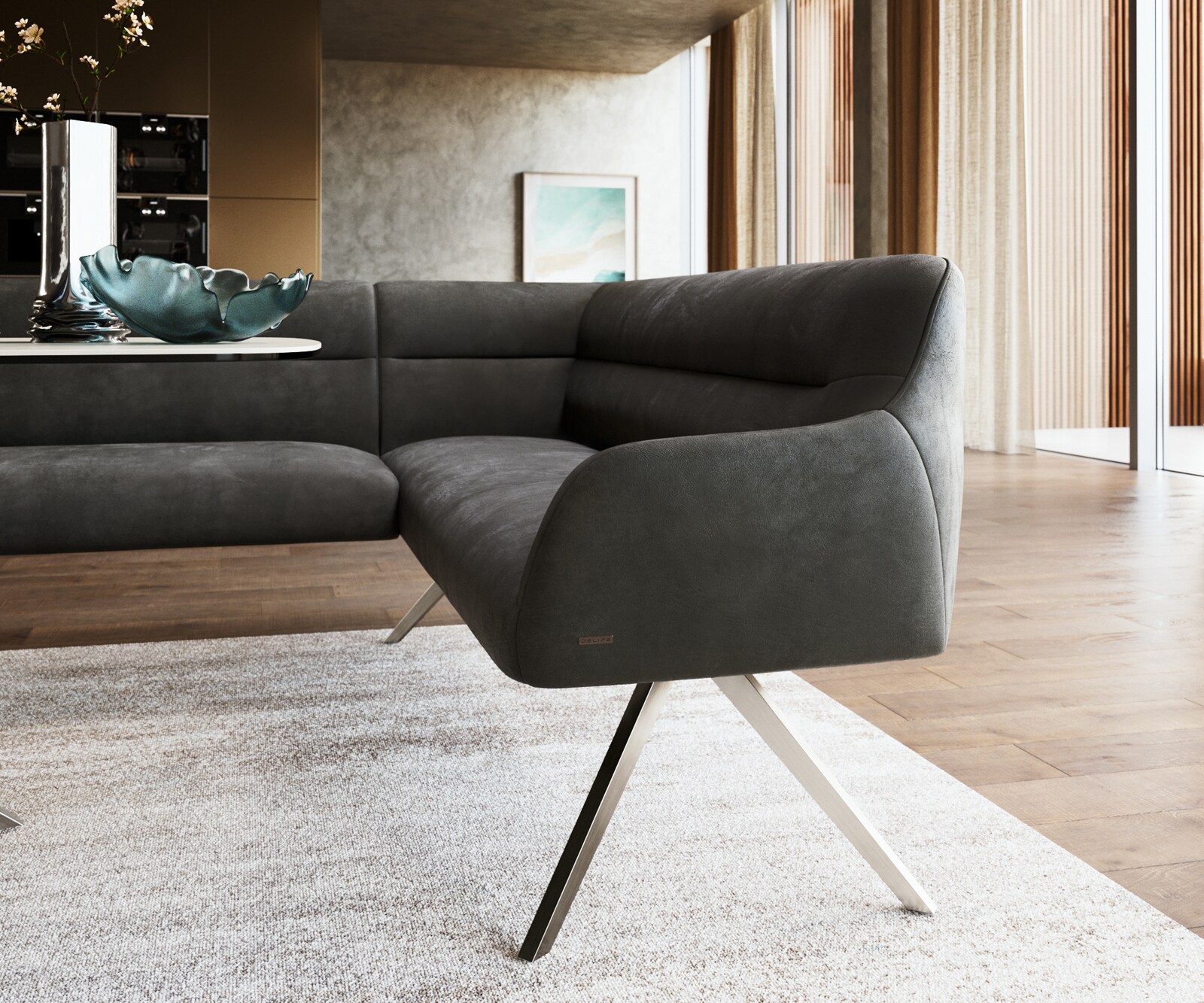 Banc-de-salle-à-manger Taya-Flex 285x190 cm microfibre antracite vintage pied croisé angulaire acier inoxydable ressort ensaché liens 5