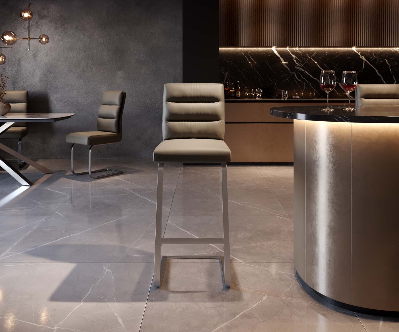 Chaise-de-bar Pela-Flex cuir véritable boue cadre luge plat acier inoxydable ressorts ensachés 3