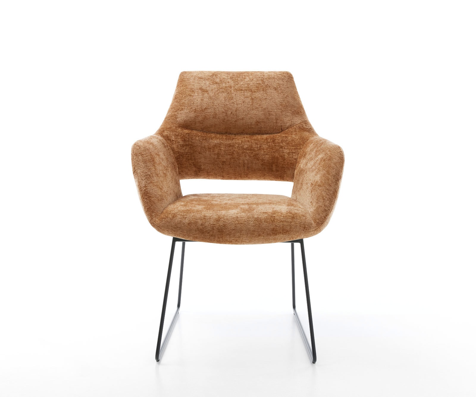 Chaise-de-salle-à-manger Yago-Flex avec accoudoirs chenille rouille pied trapèze noir ressorts ensachés 1 Chaise-de-salle-à-manger Yago-Flex avec accoudoirs chenille rouille pied trapèze noir ressorts ensachés 1