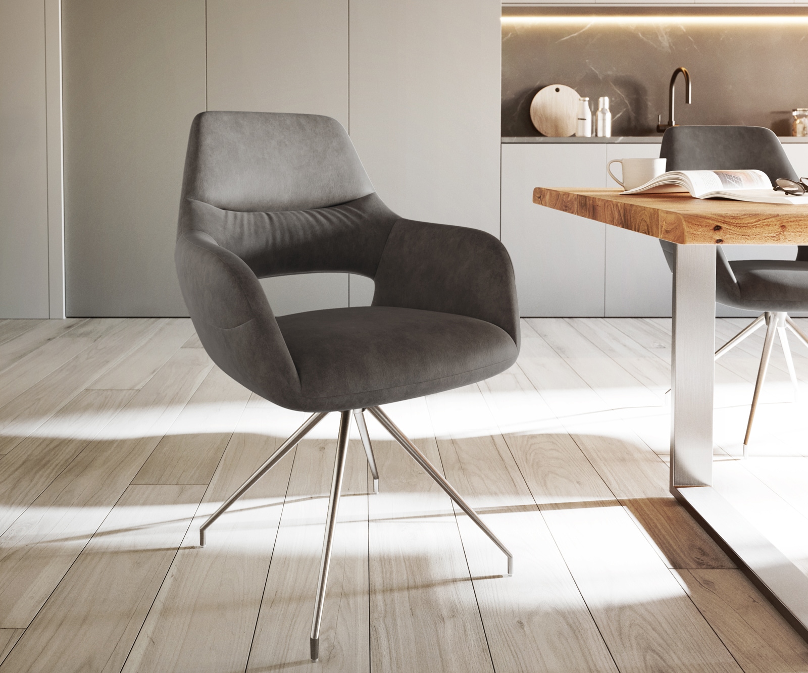 Chaise-de-salle-à-manger Yago-Flex avec accoudoirs microvelours anthracite vintage pied croisé conique acier inoxydable brossé ressorts ensachés Chaise-de-salle-à-manger Yago-Flex avec accoudoirs microvelours anthracite vintage pied croisé conique acier inoxydable brossé ressorts ensachés