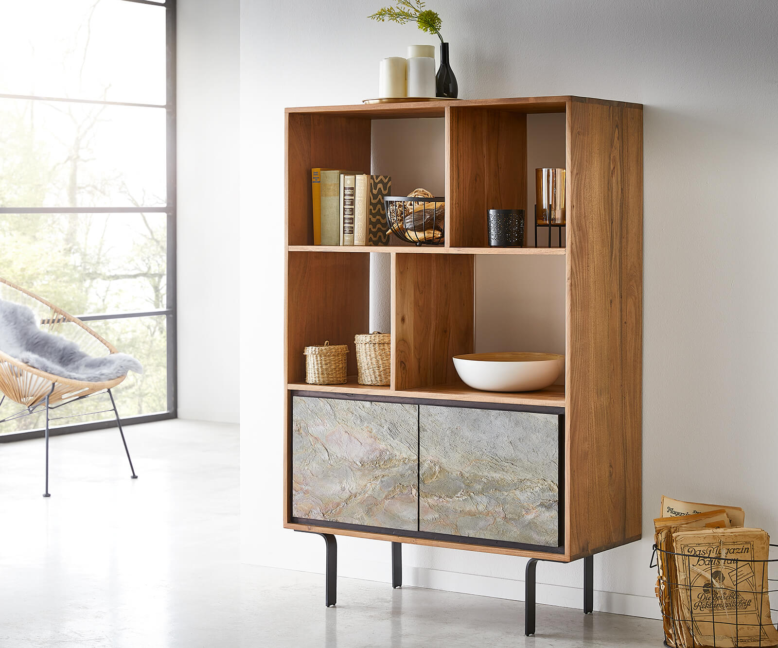 Buffet-haut Juwelo 88x135 cm acacia naturel avec placage de pierre  1