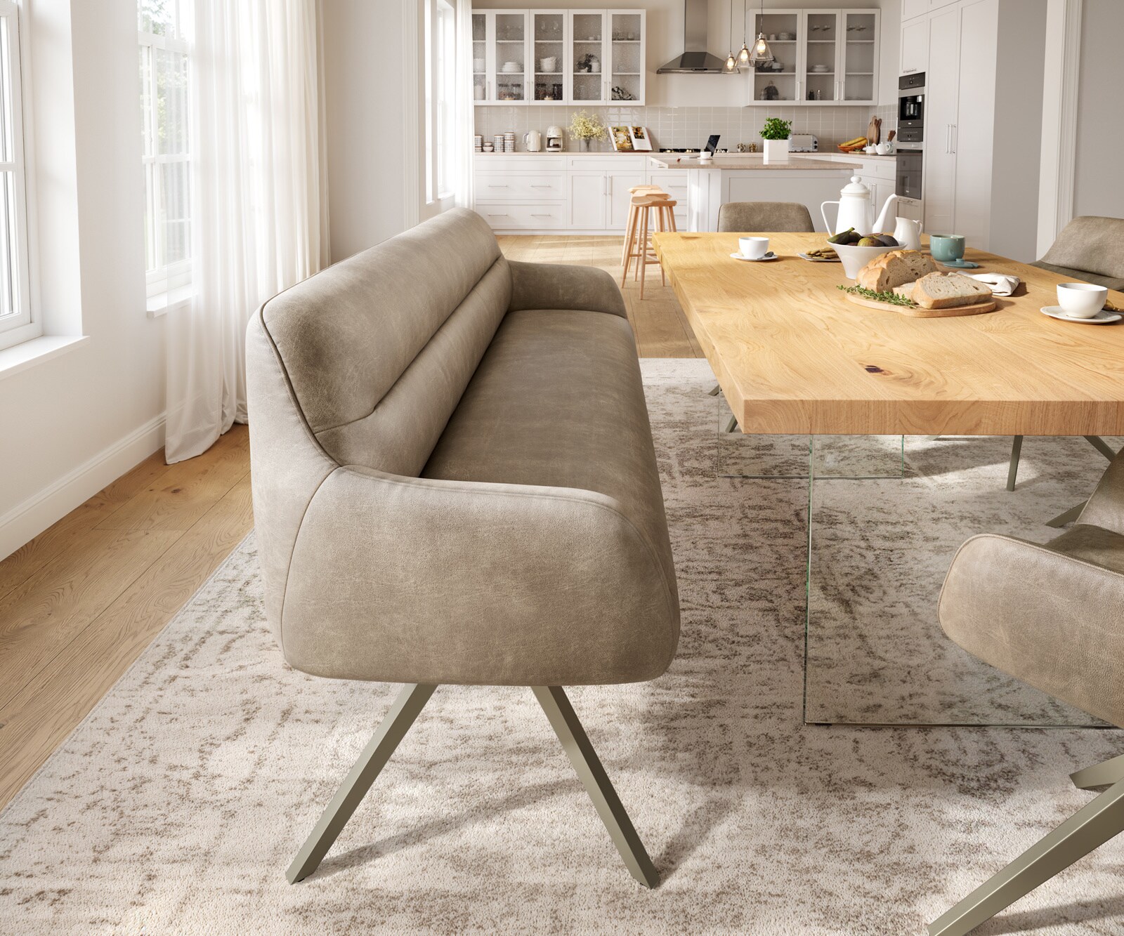 Banc-de-salle-à-manger Taya-Flex 200 cm microfibre beige vintage pied croisé angulaire titane ressort ensaché 1