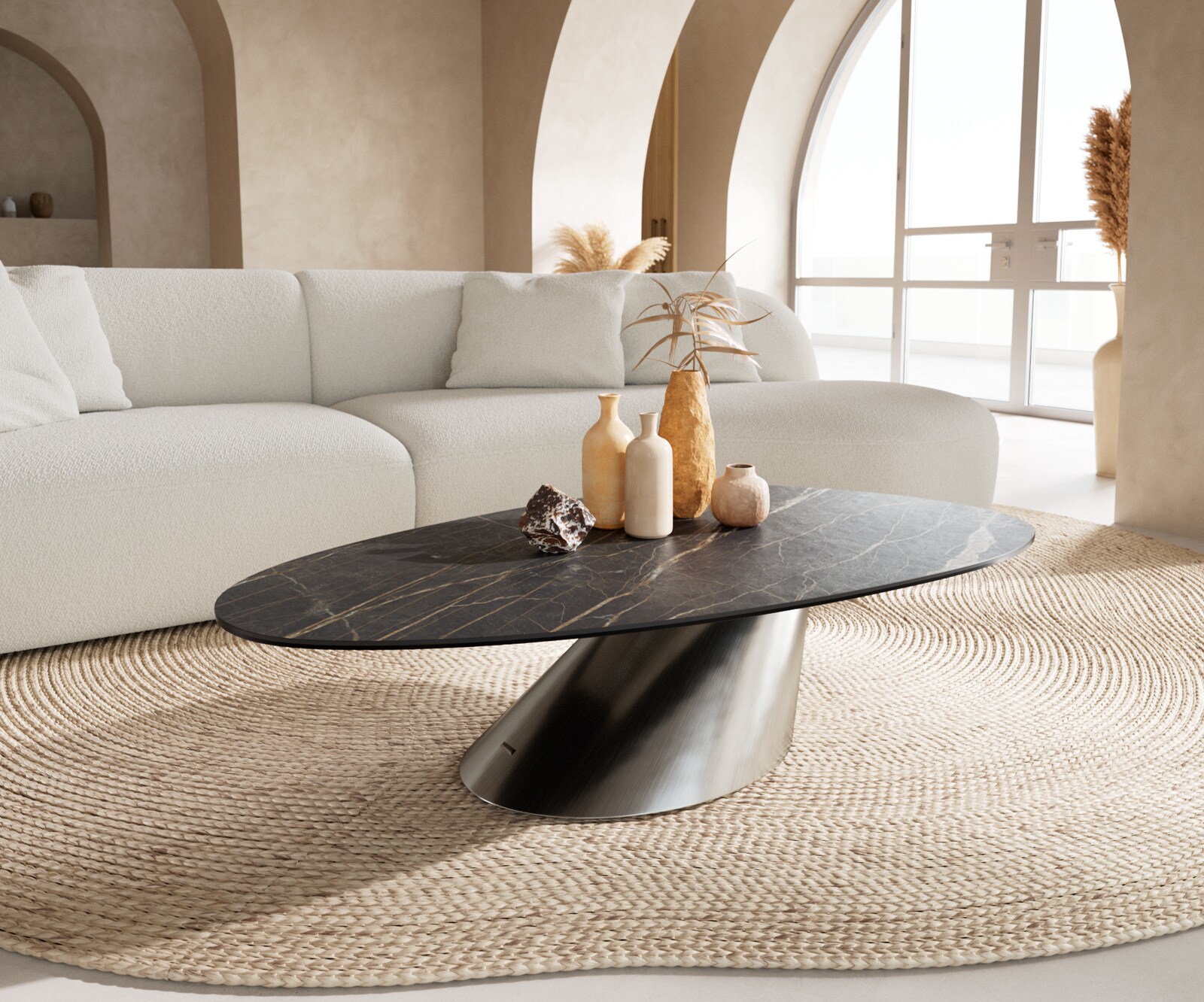 Table basse Edge Oval 140x75 cm céramique Laminam® Noir Desir brun Conis acier inoxydable brossé