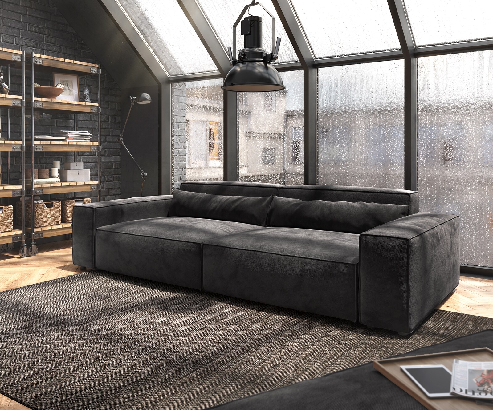 Grand Canapé Sirpio XL 270x130 cm Microfibre Noir avec Tabouret 4