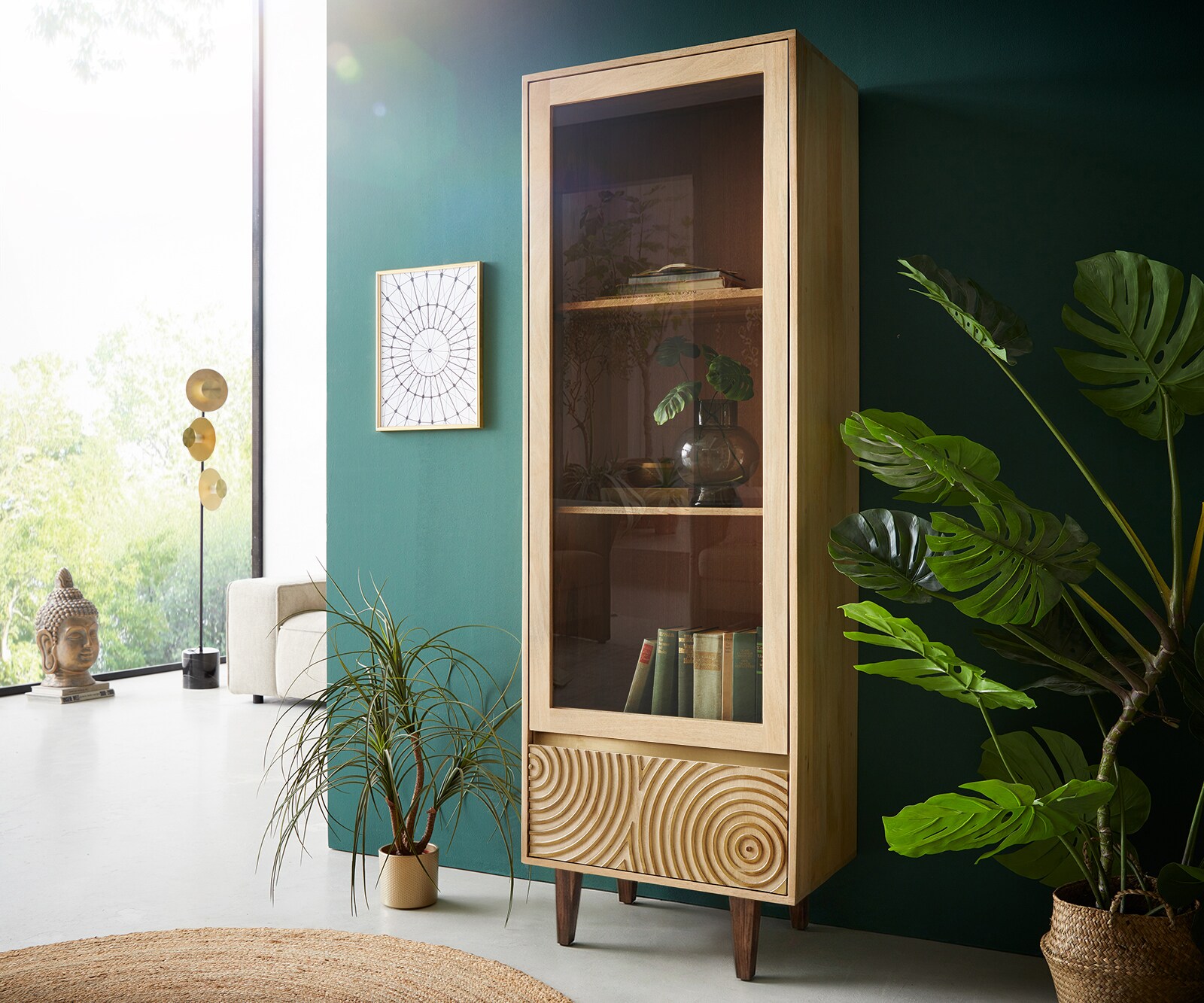 Vitrine Budaya 60x165 cm en manguier naturel 2 portes pied carré