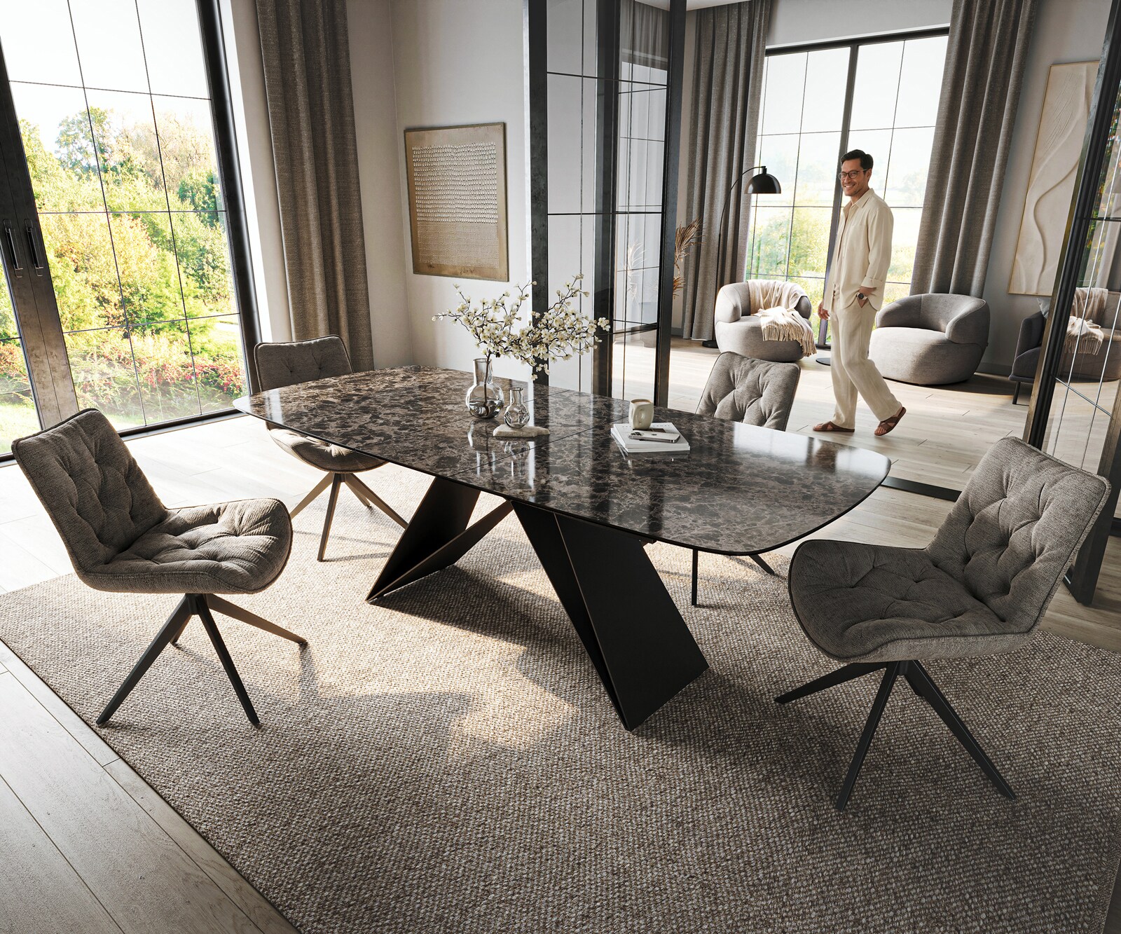 Table de salle à manger Edge Boot 180-220x100 cm Céramique Emperador Extra Lucidato Brun foncé Piètement en V Acier plat Noir extensible 1