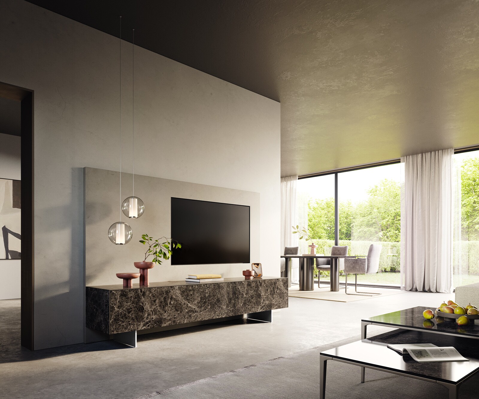 Meuble-TV Cuor 220 cm Céramique Emperador Extra Lucidato brun foncé 1 Clapet 2 Tiroirs Pied optique flottant Ancier inoxydable 6