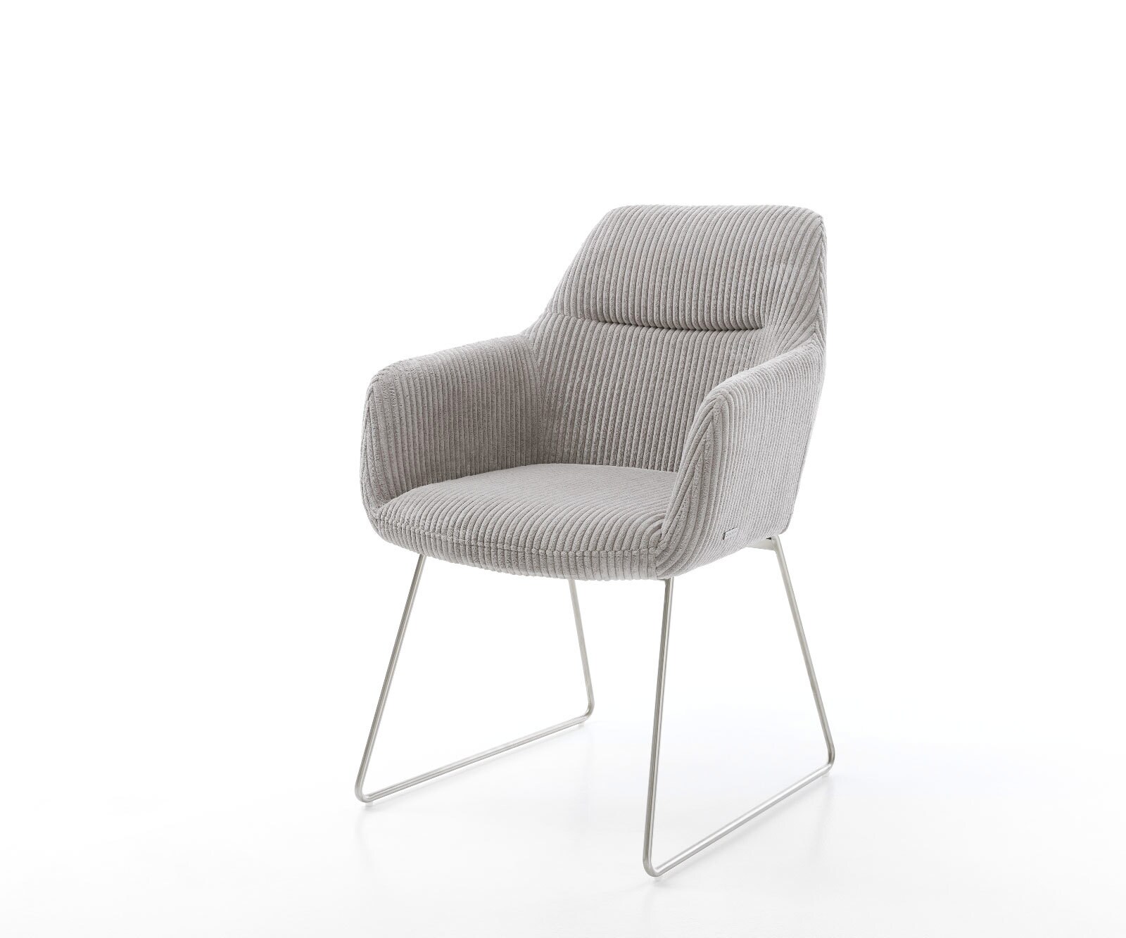 Chaise-de-salle-à-manger Pejo-Flex côtelé gris argenté pied trapèze acier inoxydable brossé ressorts ensachés