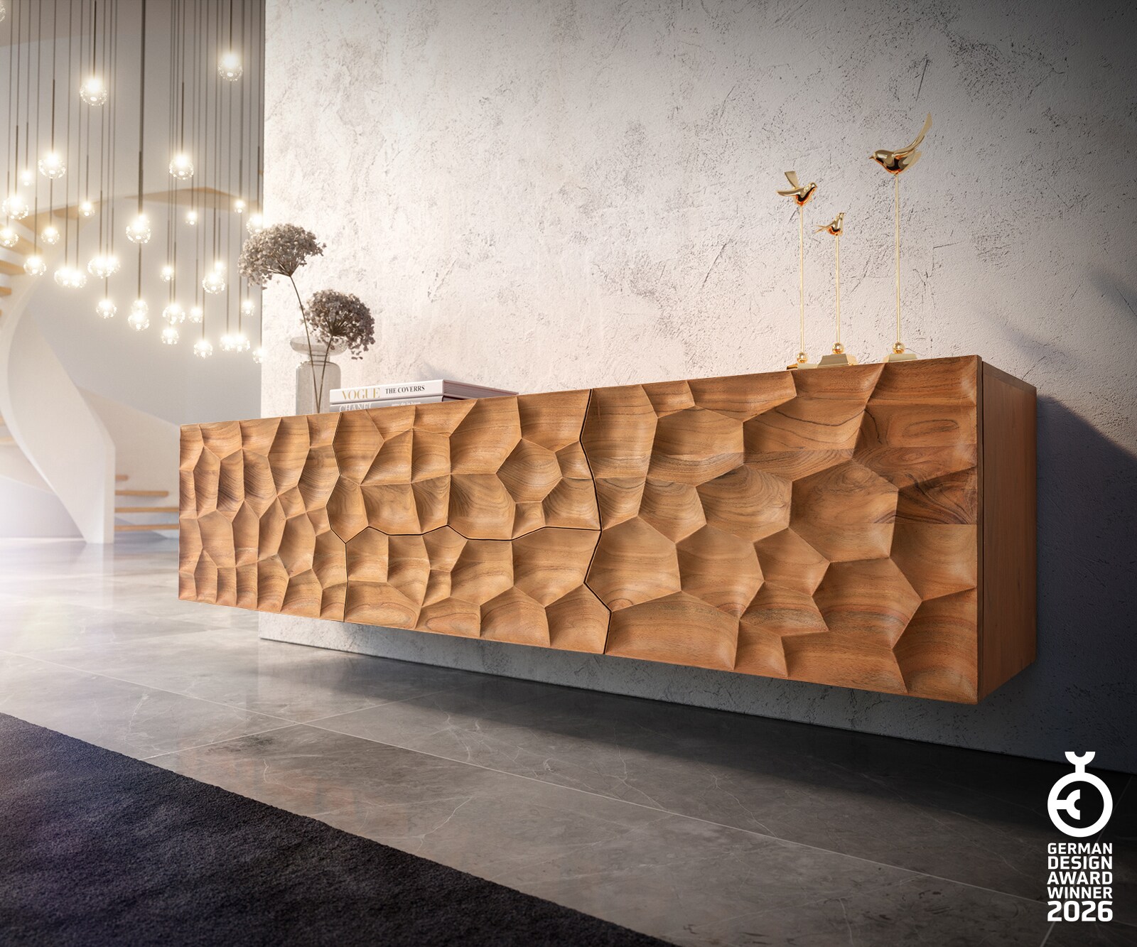 Meuble-TV Solu 175 cm acacia naturel 2 portes 2 tiroirs flottant façade 3D