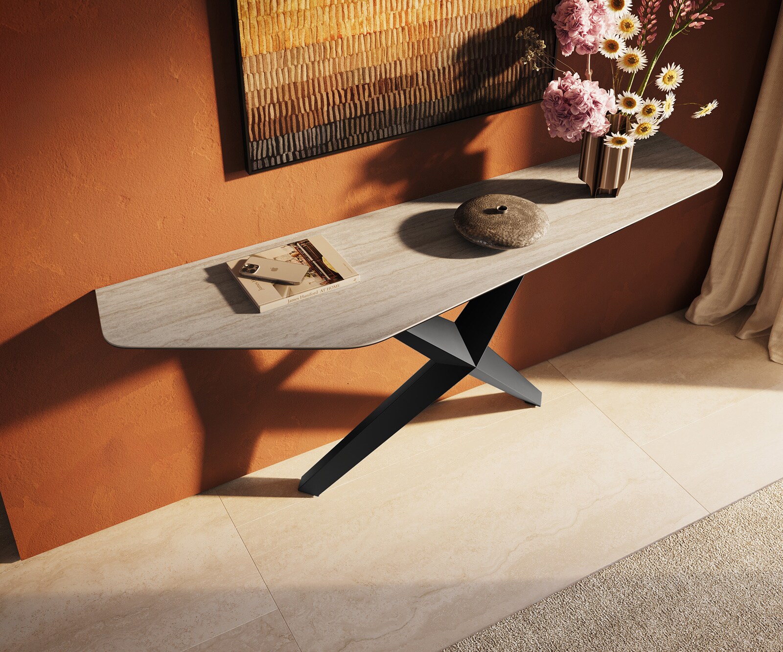 Console Edge Polygonal 180x50 cm Céramique Laminam® Travertino Bianco Creme-Weiß Zentharo Métal Noir 2