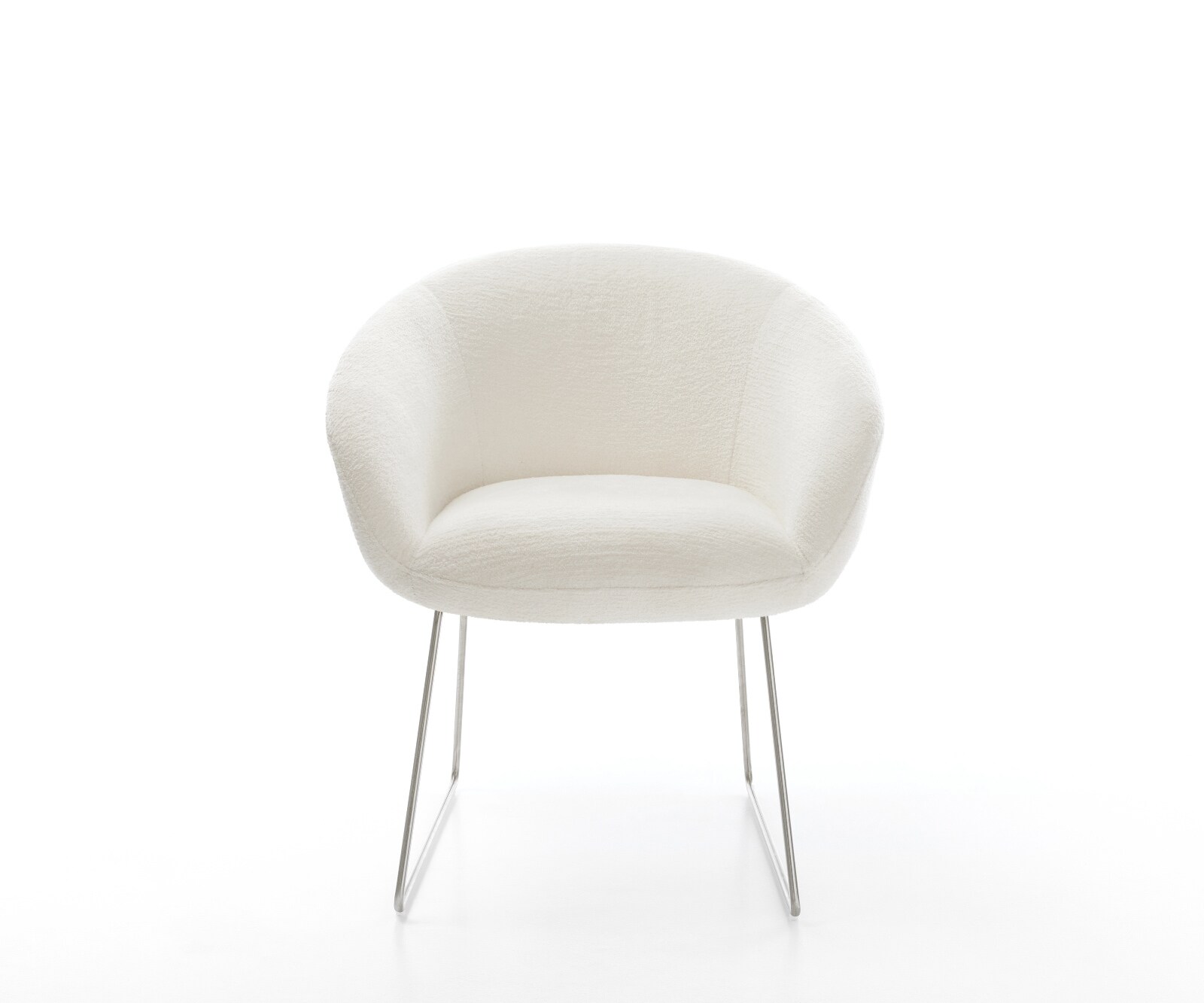 Chaise-de-salle-à-manger Vinka-Flex avec accoudoirs bouclé doux beige pied trapèze acier inoxydable resorts ensachés 1