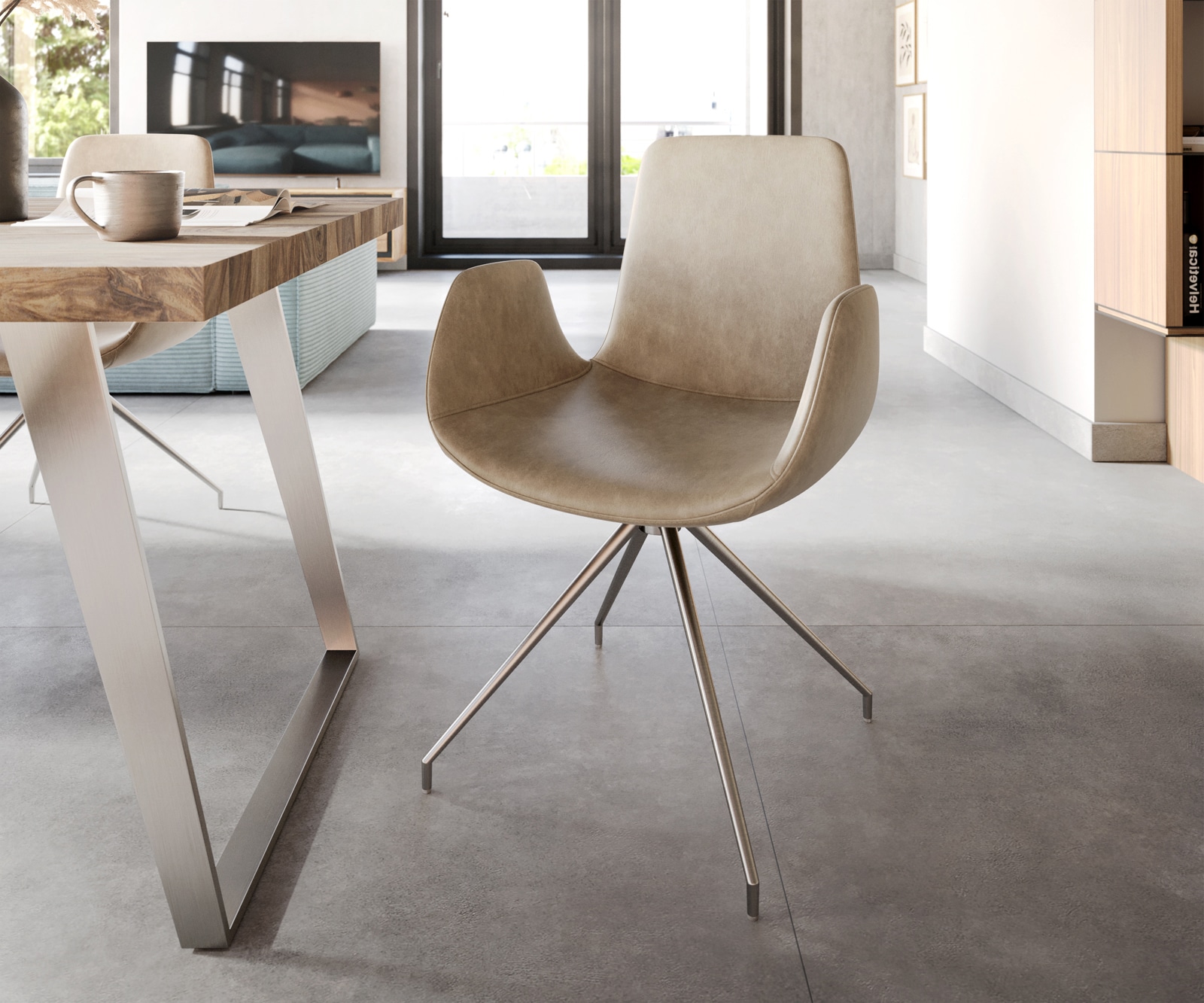 Chaise-de-salle-à-manger Ilia-Flex avec accoudoirs microvelours beige vintage pied croisé conique acier inoxydable brossé Chaise-de-salle-à-manger Ilia-Flex avec accoudoirs microvelours beige vintage pied croisé conique acier inoxydable brossé