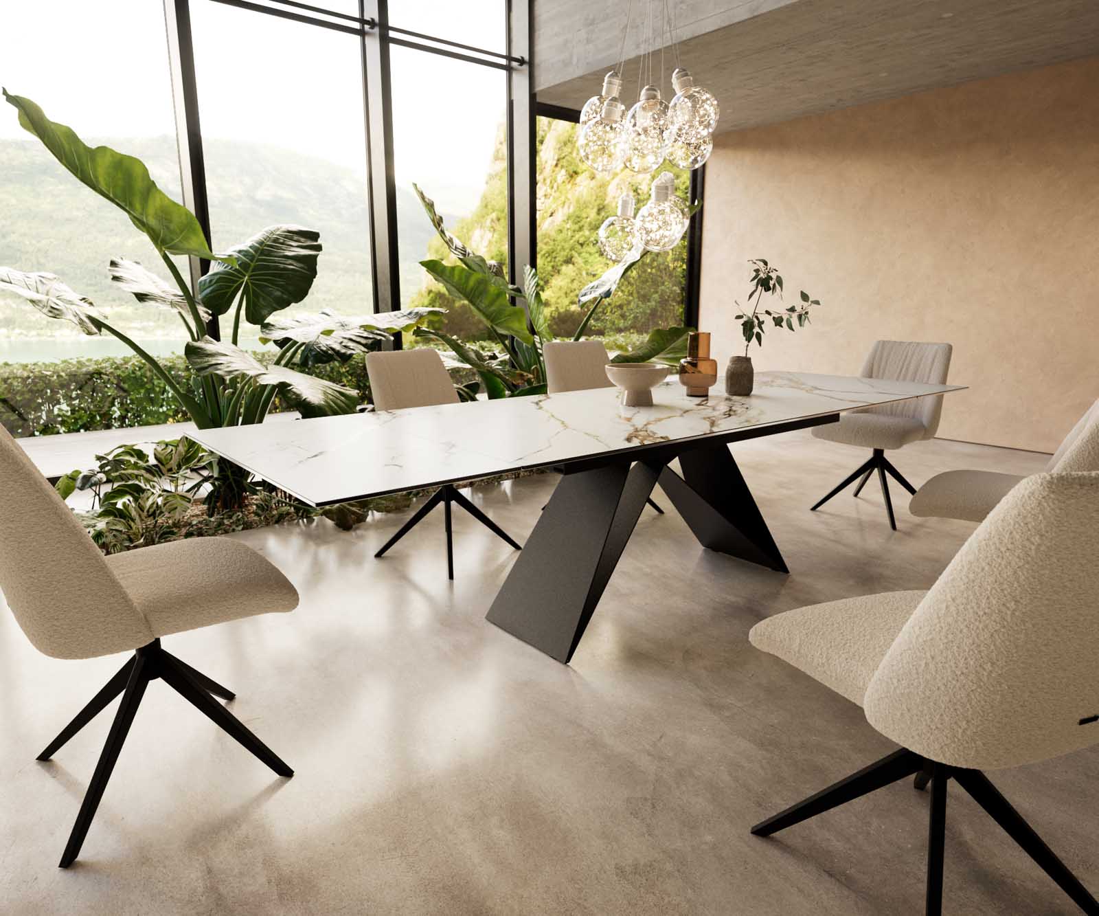 Table à manger Edge 200-300x100 céramique Calacatta Luxe blanc-doré-gris cadre en V acier plat noir extensible Table à manger Edge 200-300x100 céramique Calacatta Luxe blanc-doré-gris cadre en V acier plat noir extensible