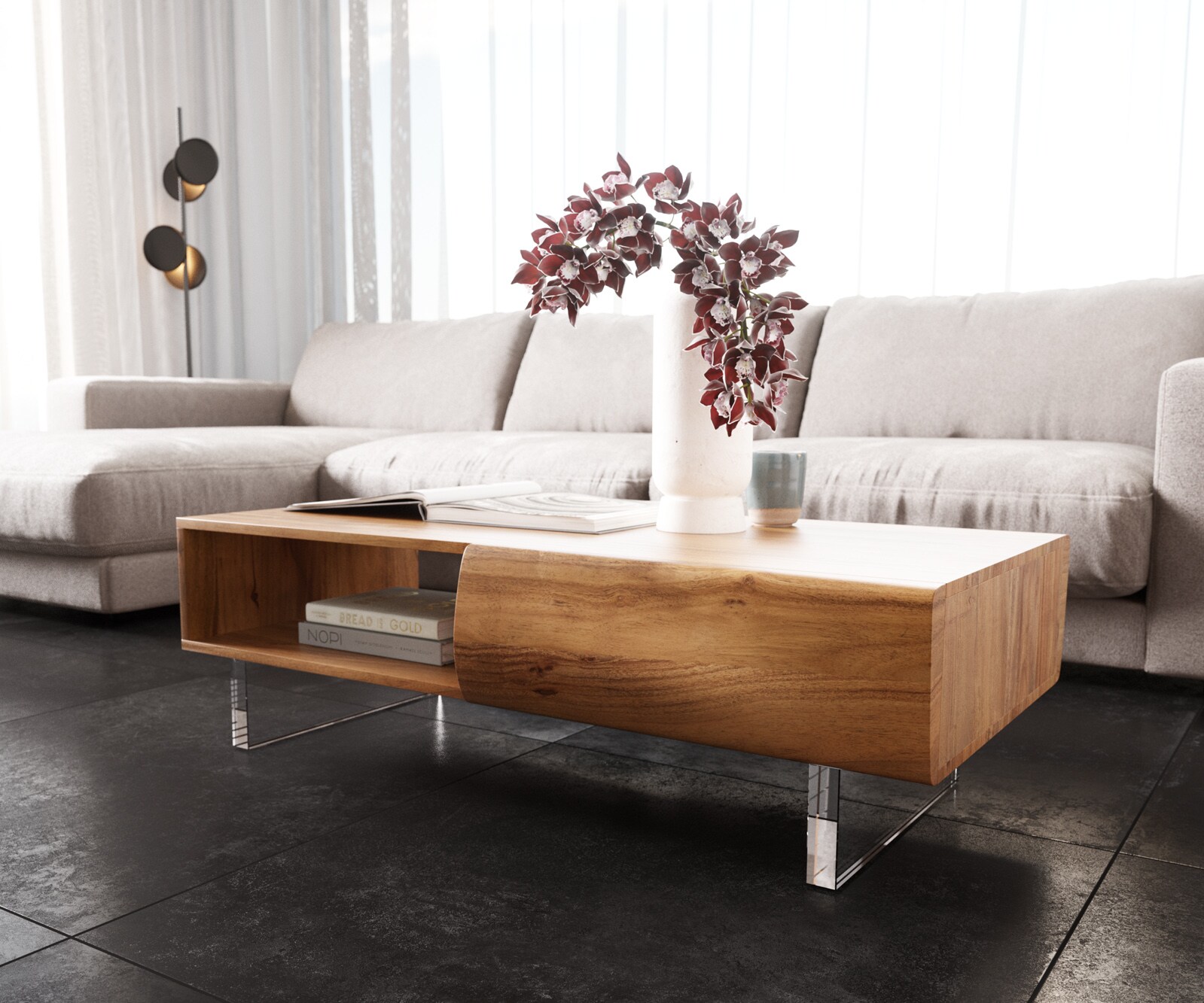 Table-basse New Live-Edge 115x60 cm acacia naturel 2 tiroirs 1 compartiment pied acrylique