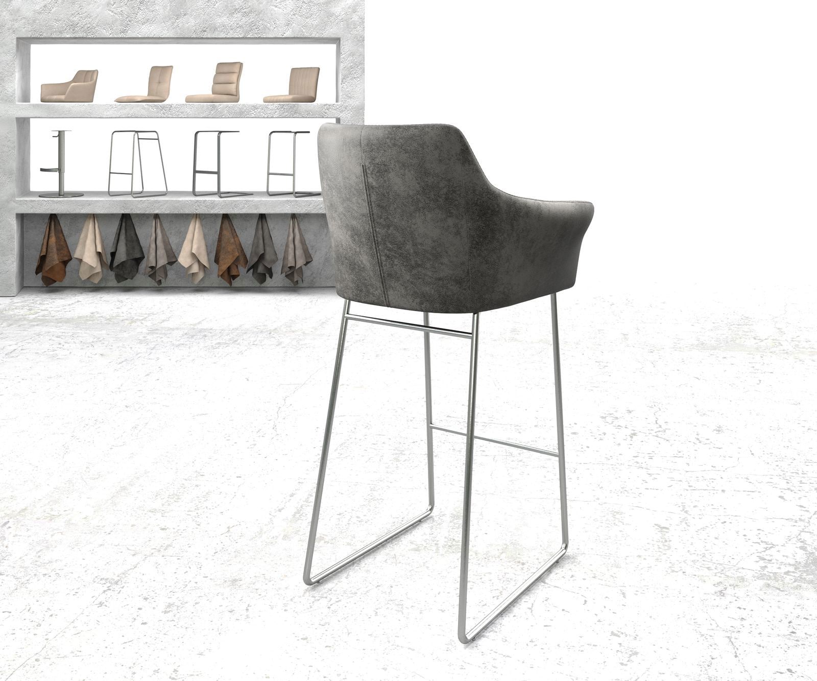 Chaise-de-bar Yulo-Flex vintage gris cadre patin acier inoxydable 2 Chaise-de-bar Yulo-Flex vintage gris cadre patin acier inoxydable 2